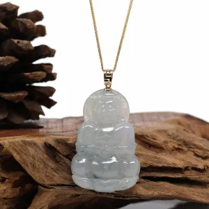 Baikalla 14k Yellow Gold "Goddess of Compassion" Genuine Burmese Jadeite Jade Guanyin Necklace With Good Luck Design