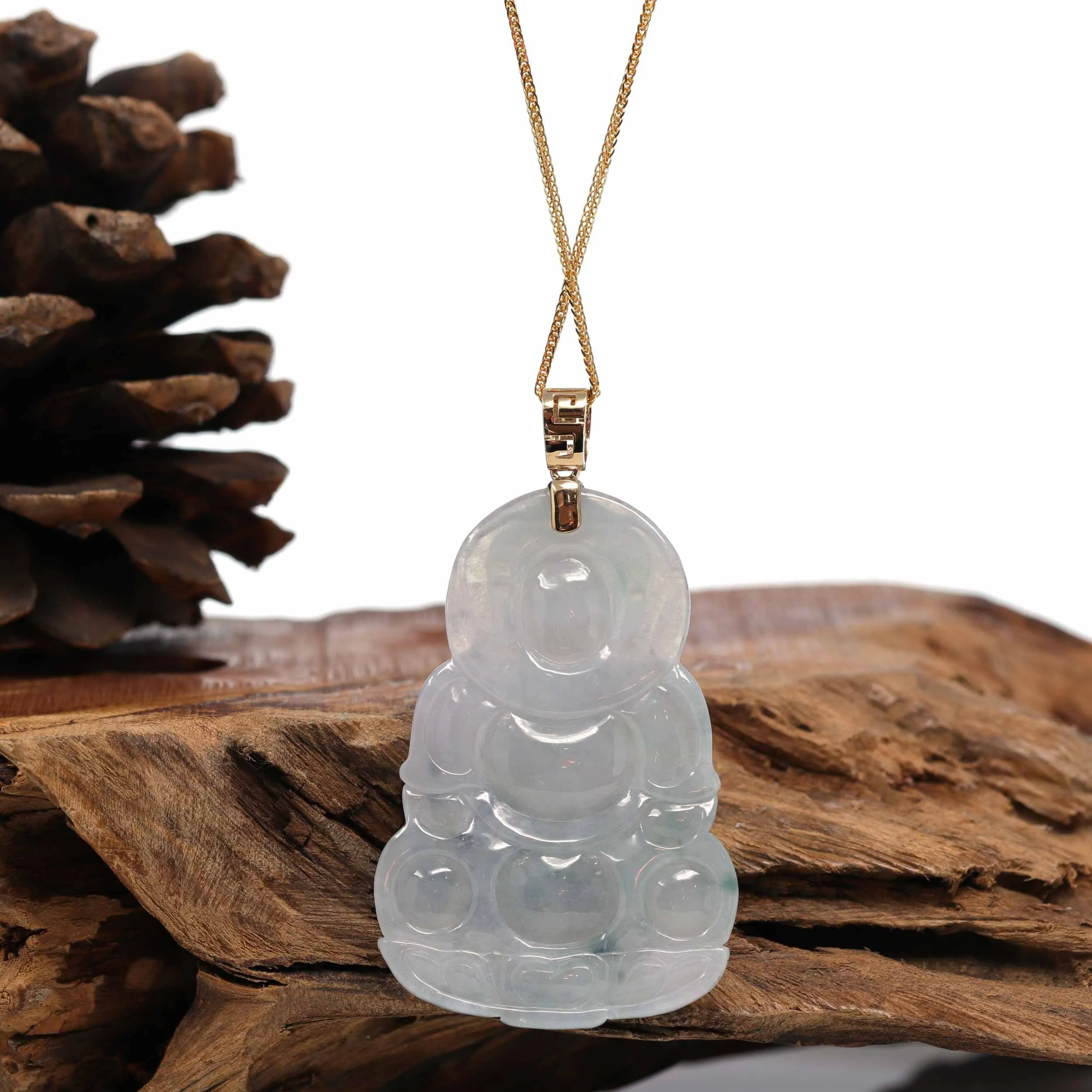 Baikalla 14k Yellow Gold "Goddess of Compassion" Genuine Burmese Jadeite Jade Guanyin Necklace With Good Luck Design