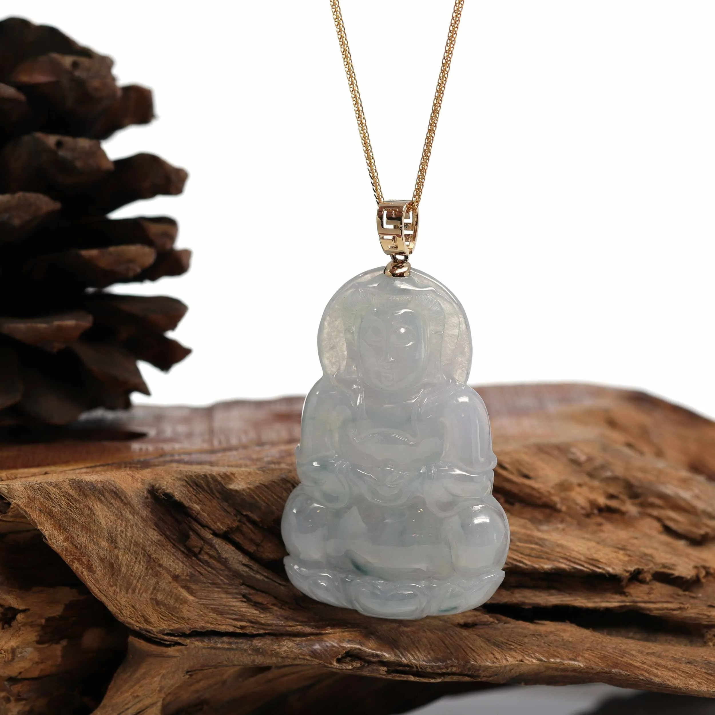 Baikalla 14k Yellow Gold "Goddess of Compassion" Genuine Burmese Jadeite Jade Guanyin Necklace With Good Luck Design