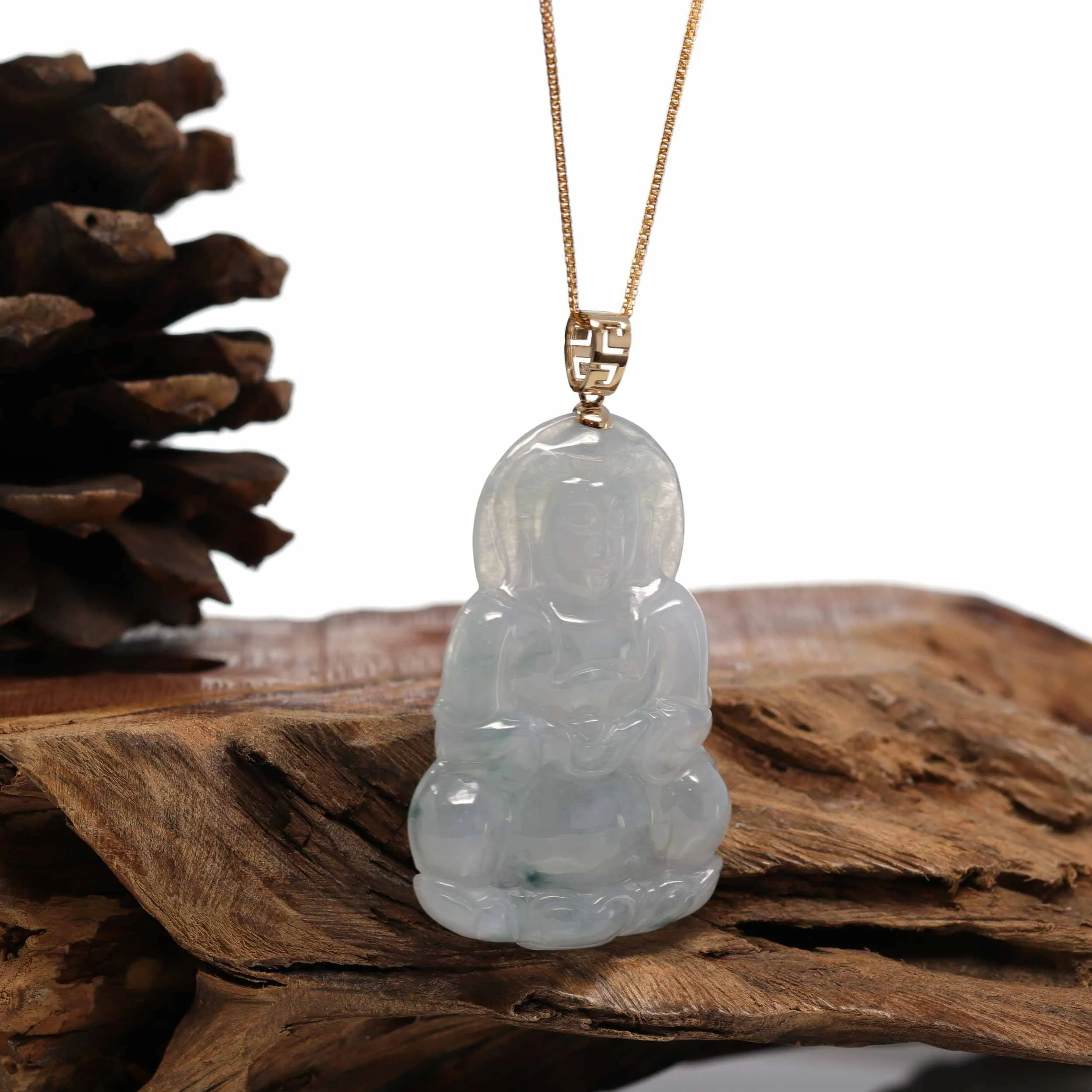 Baikalla 14k Yellow Gold "Goddess of Compassion" Genuine Burmese Jadeite Jade Guanyin Necklace With Good Luck Design