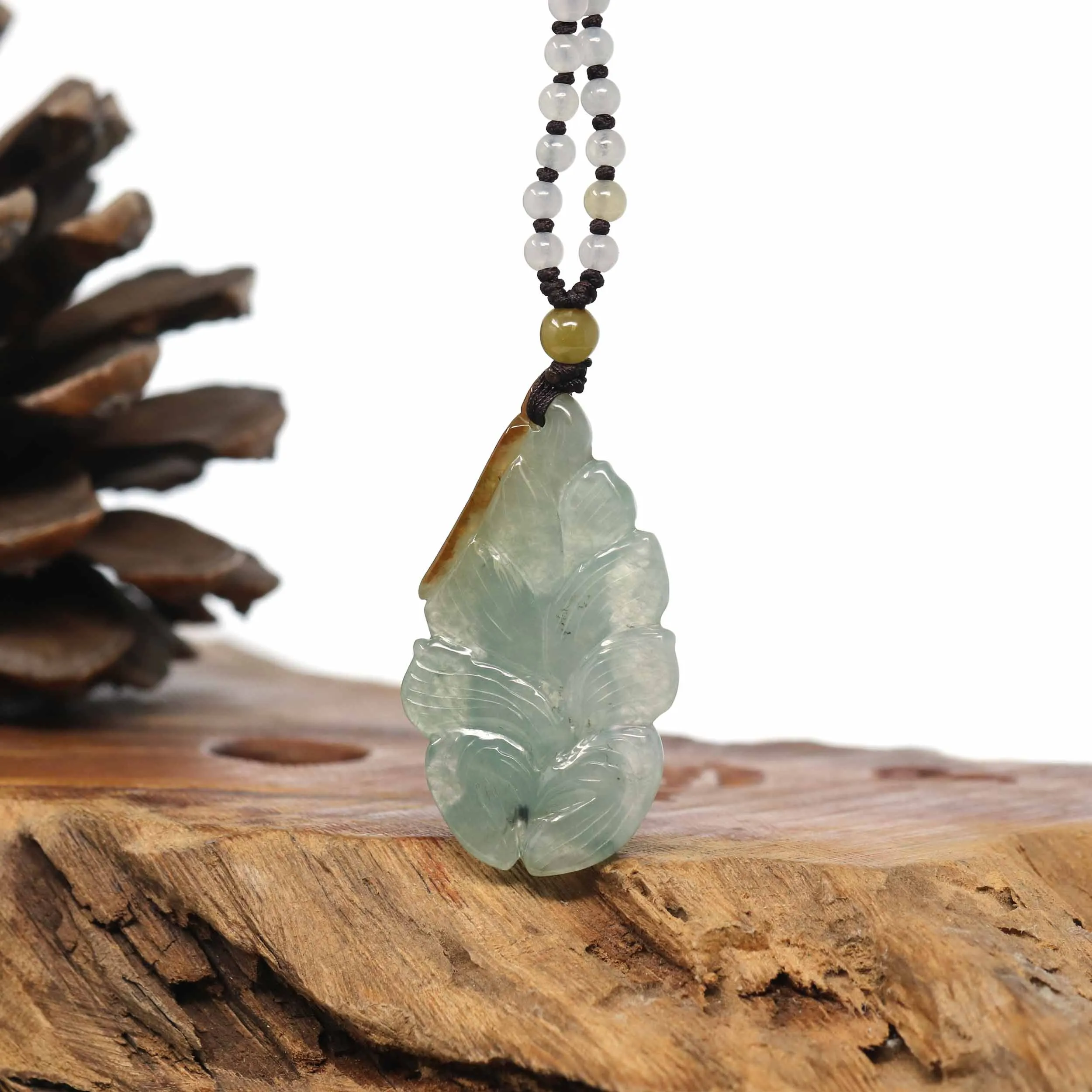 Baikalla™ Genuine Burmese Icy Oil Green Jadeite Jade Nine Tailed Fox Pendant Necklace