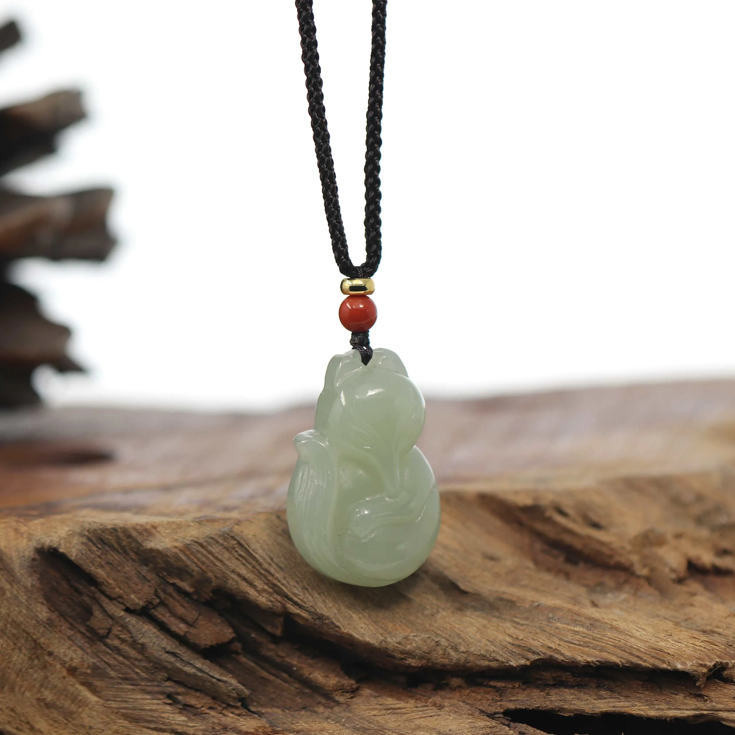 Baikalla Genuine Nephrite Jade Cute Fox Carving Pendant Necklace