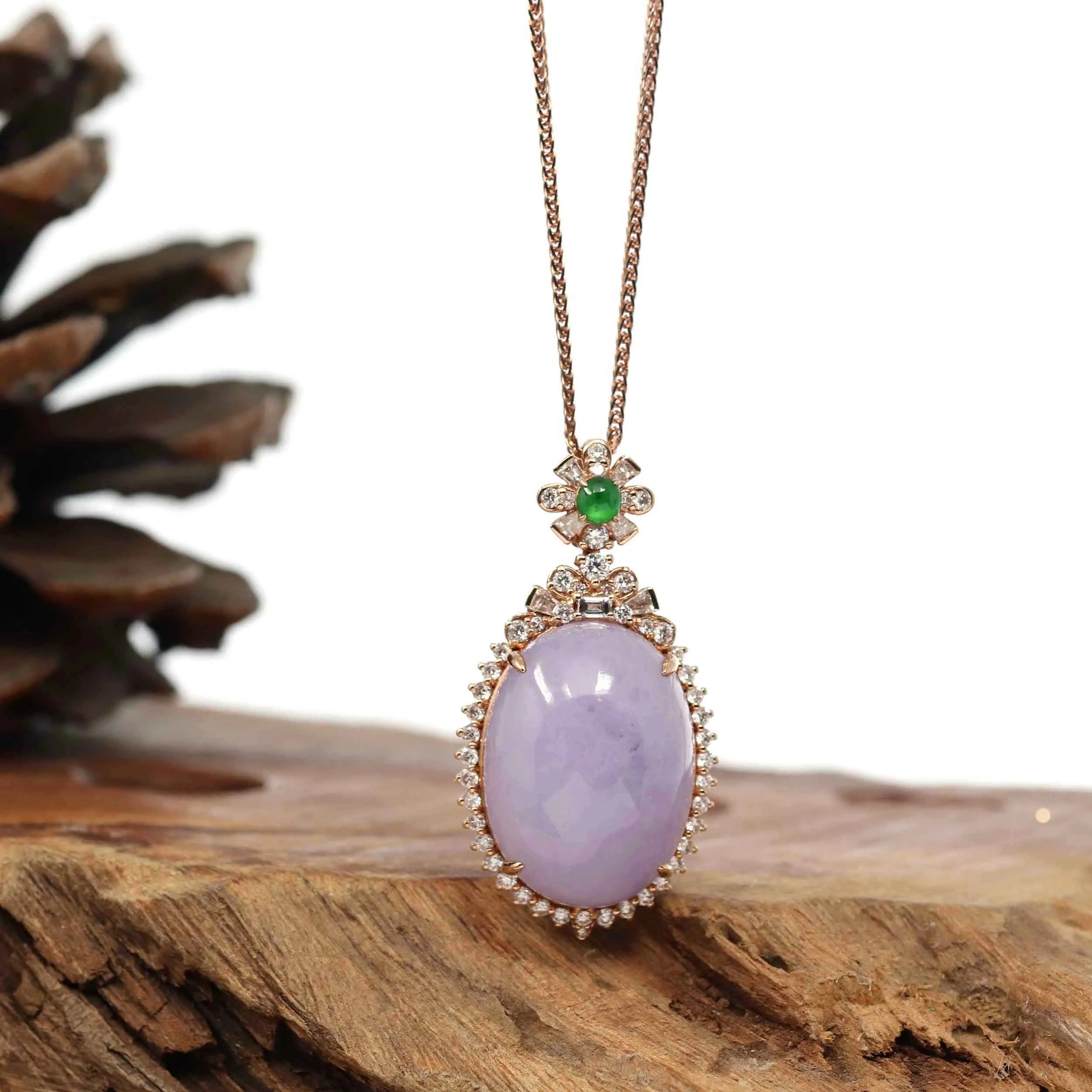 Baikalla High-end 18k Rose Gold Burmese Lavender Jadeite Jade Pendant Necklace with Diamond