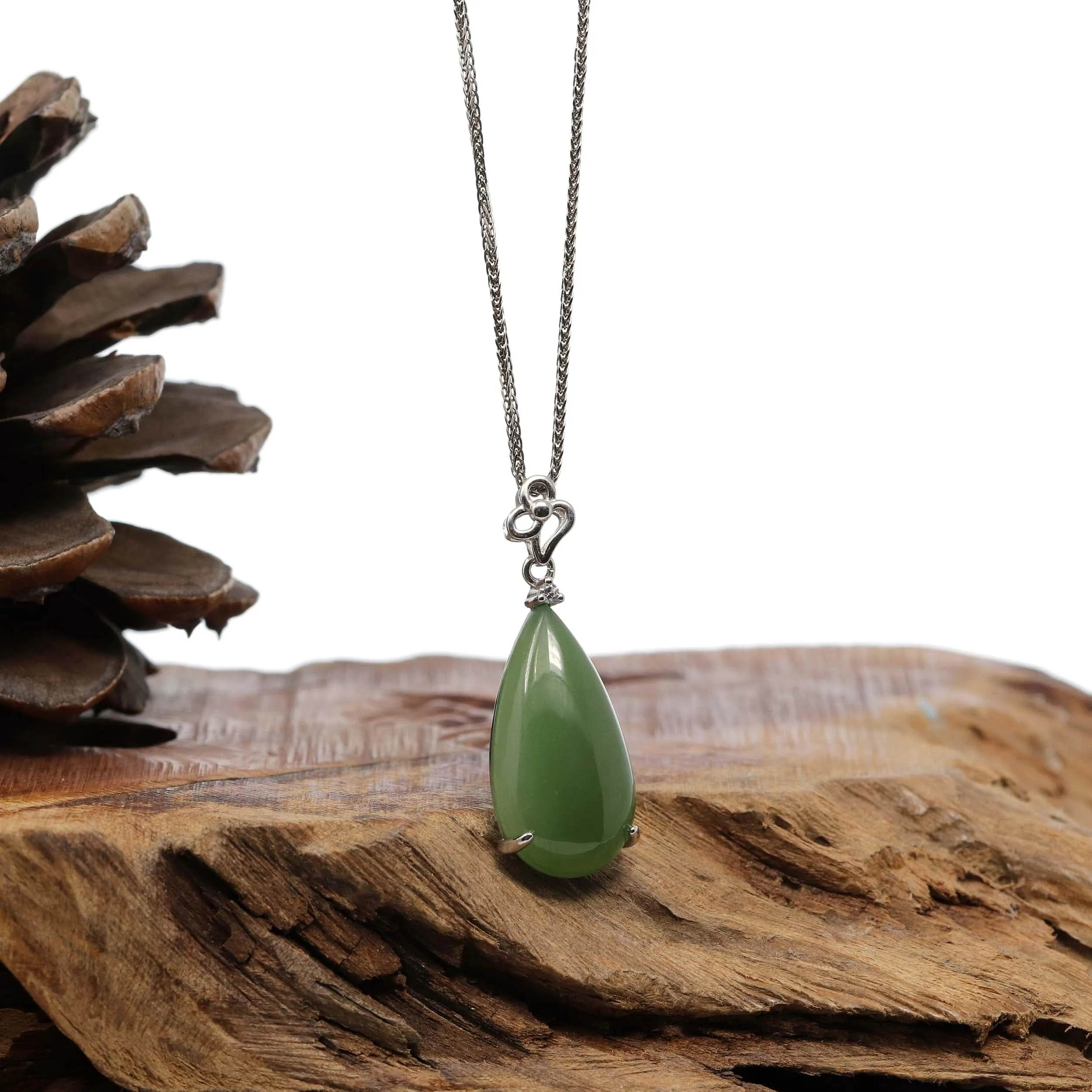 Baikalla™ "Classic Tear-Drop" Sterling Silver Green Jade Tear Drop Pendant Necklace