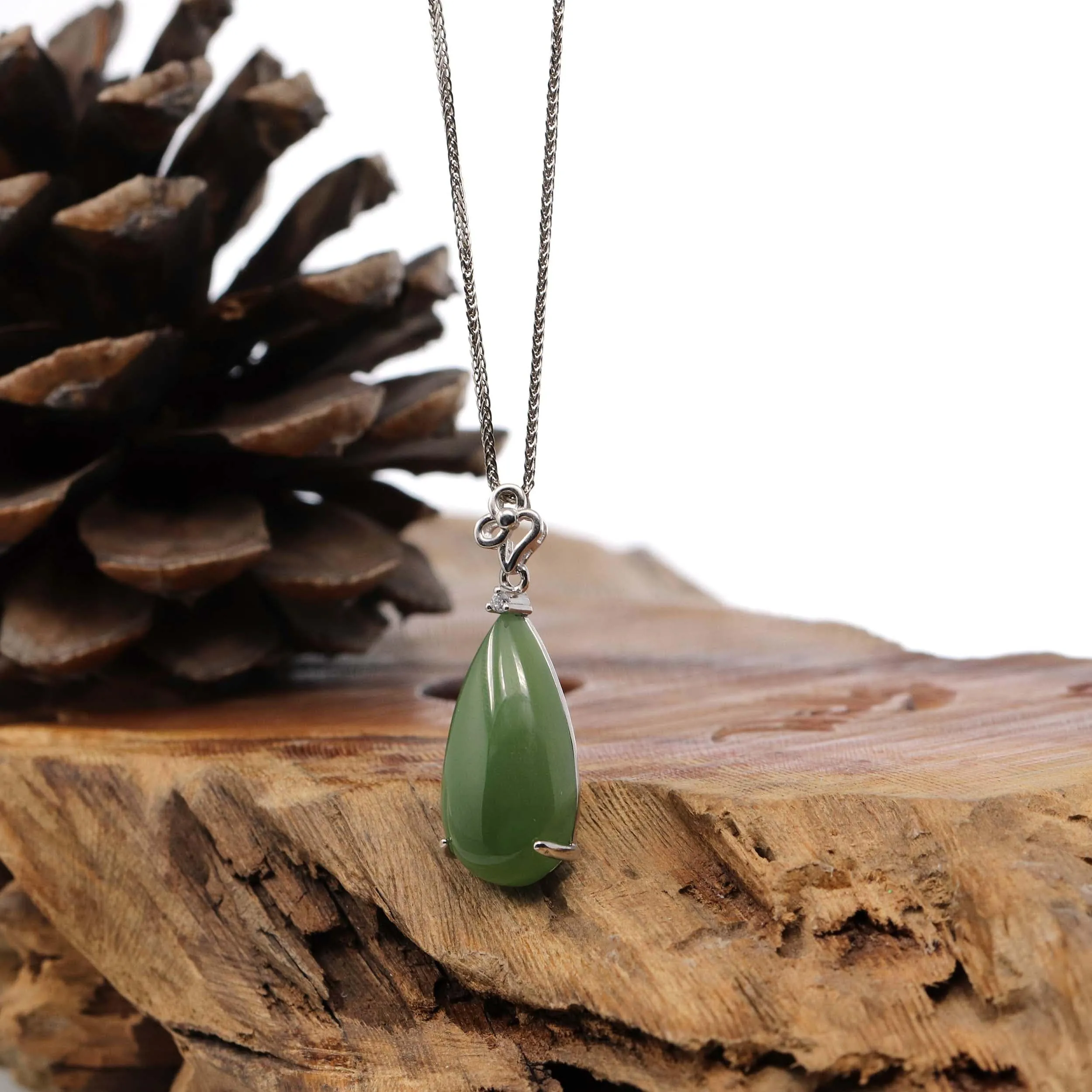 Baikalla™ "Classic Tear-Drop" Sterling Silver Green Jade Tear Drop Pendant Necklace