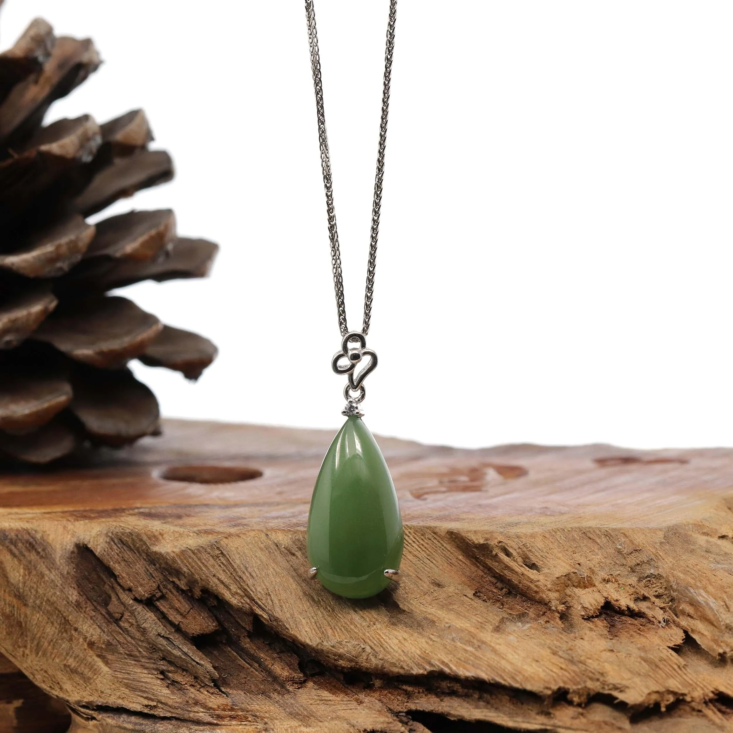 Baikalla™ "Classic Tear-Drop" Sterling Silver Green Jade Tear Drop Pendant Necklace