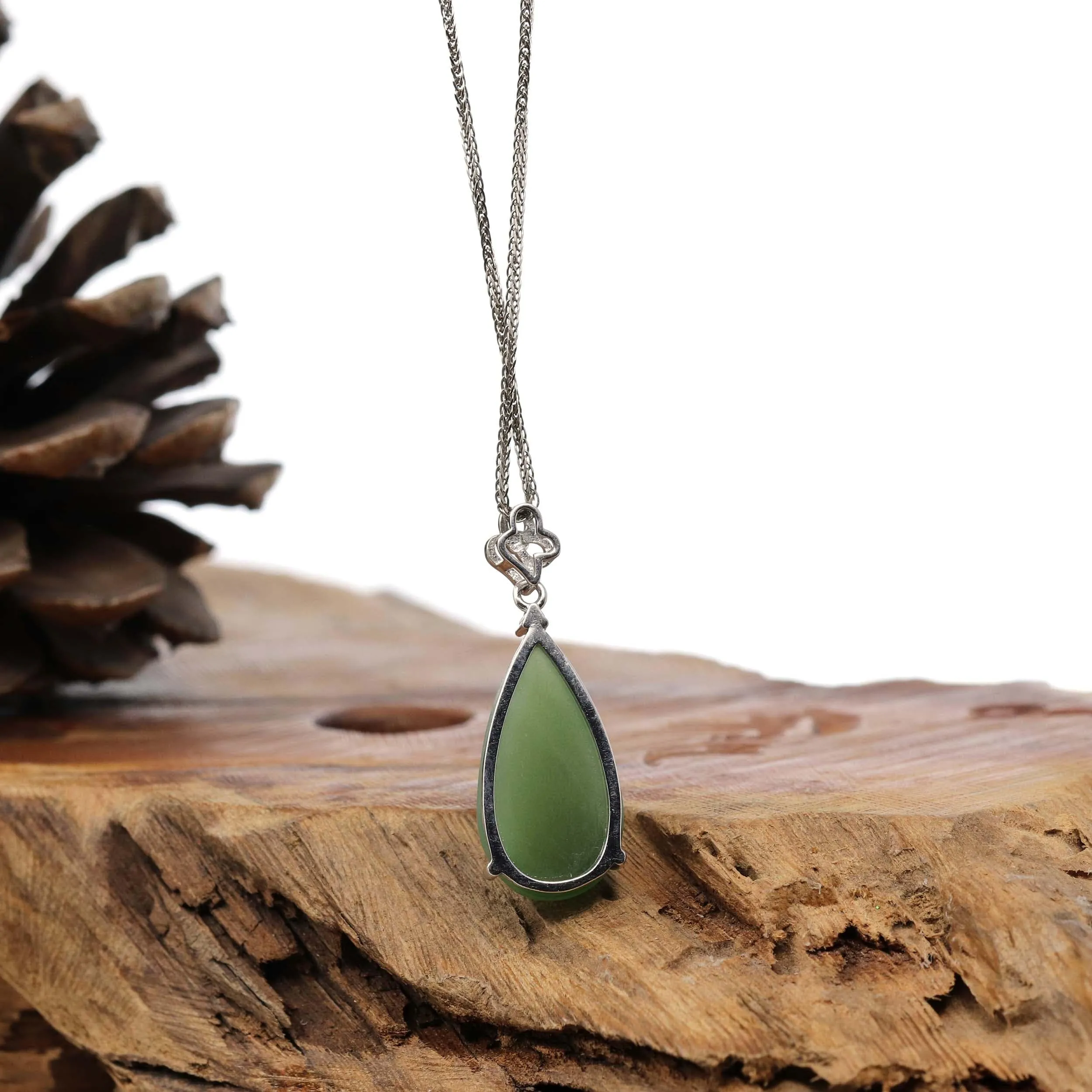 Baikalla™ "Classic Tear-Drop" Sterling Silver Green Jade Tear Drop Pendant Necklace