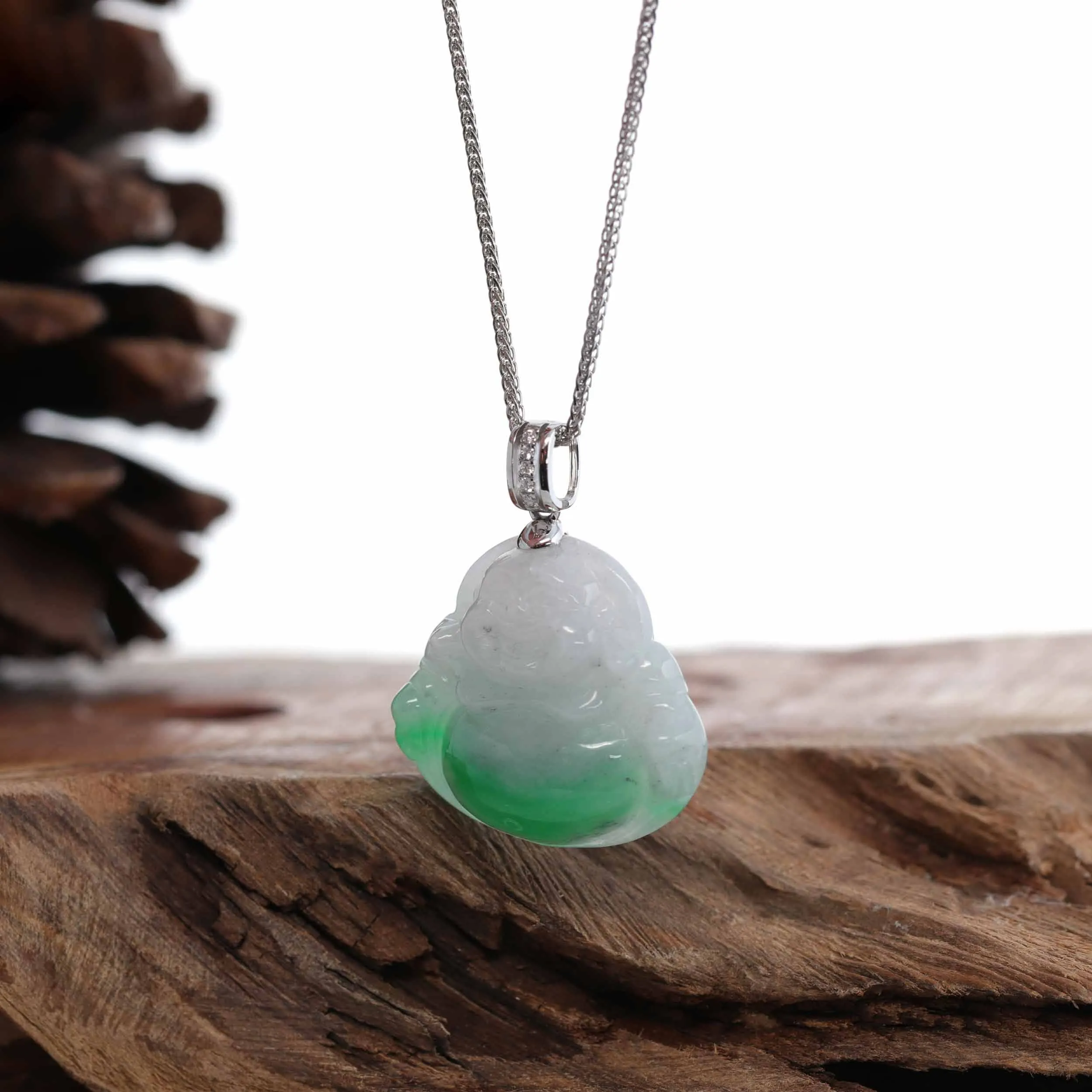 Baikalla™ "Laughing Buddha" Genuine Green Jadeite Buddha Necklace With 14k White Gold Diamond Bail