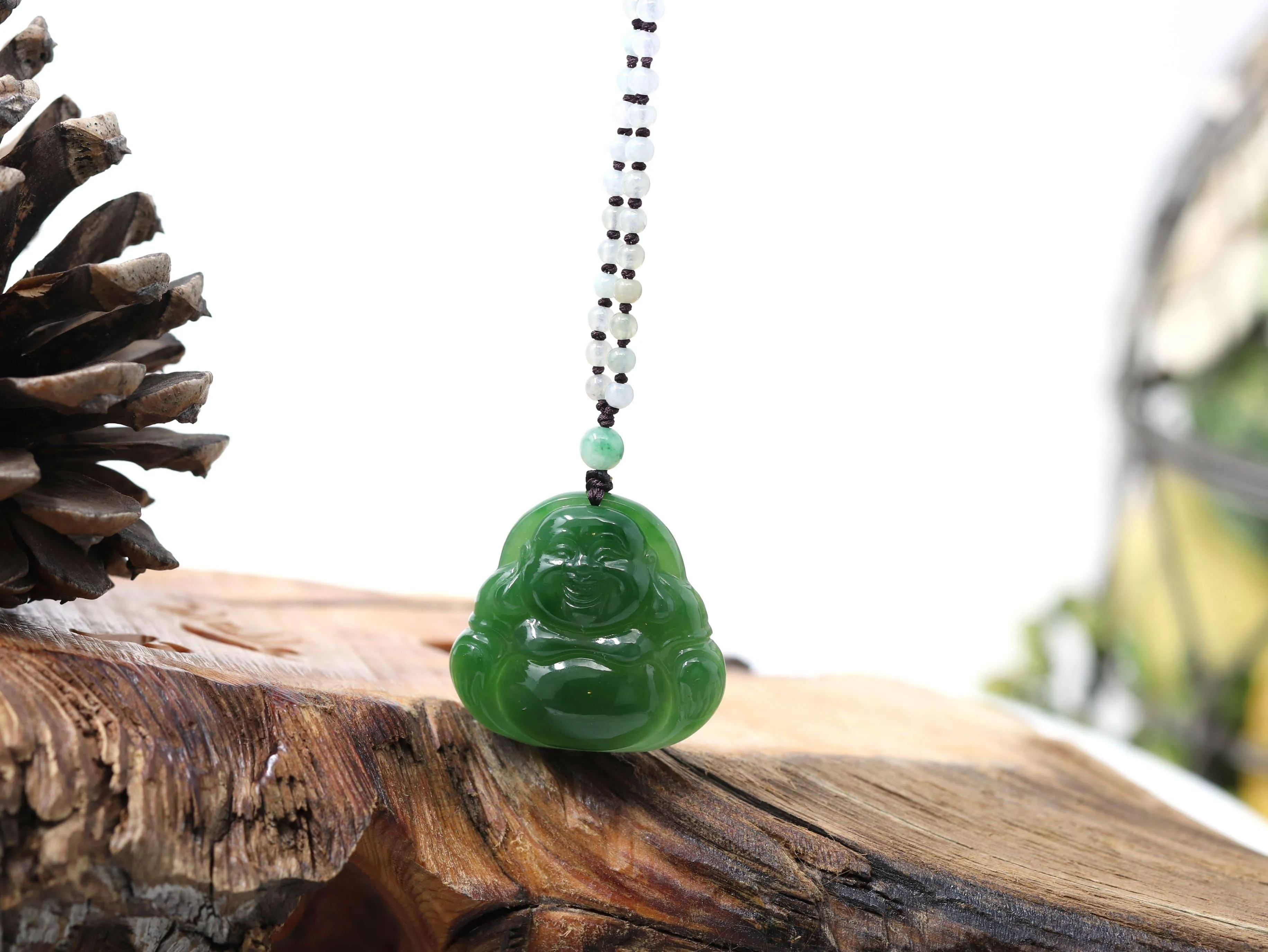 Baikalla™ "Laughing Buddha" With Classic Beads Necklace Genuine Nephrite Green Jade Buddha Pendant Necklace