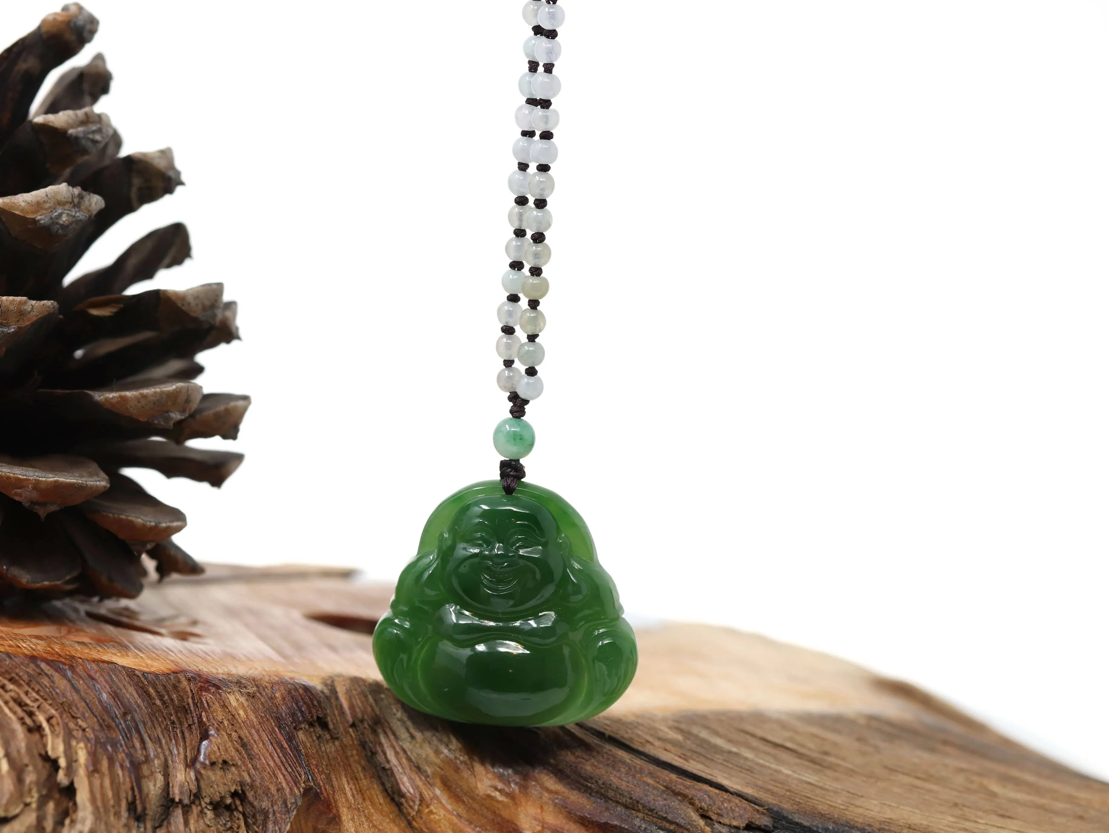 Baikalla™ "Laughing Buddha" With Classic Beads Necklace Genuine Nephrite Green Jade Buddha Pendant Necklace