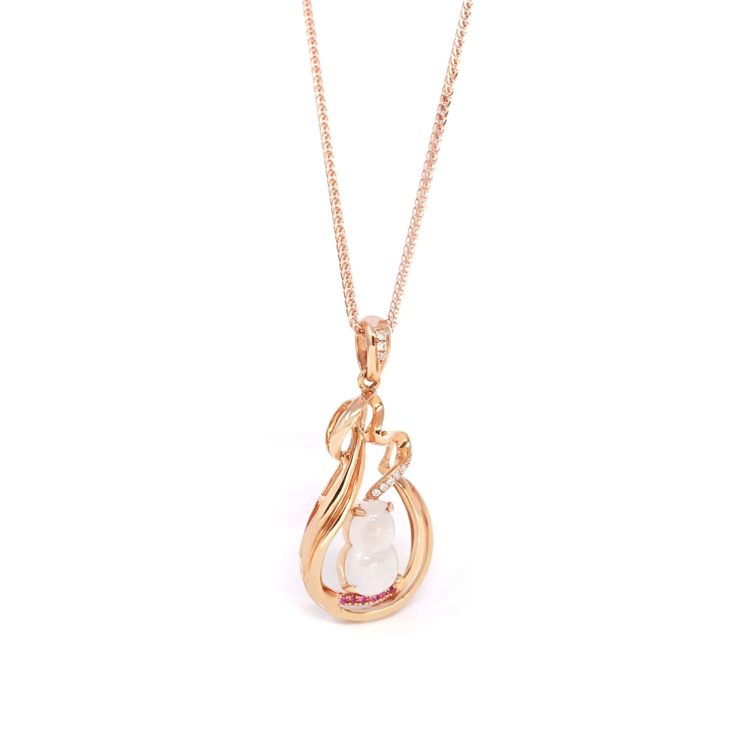 Baikalla™ "Lucky Gourd" 18k Rose Gold Ice Jadeite Jade Diamond Pendant Necklace