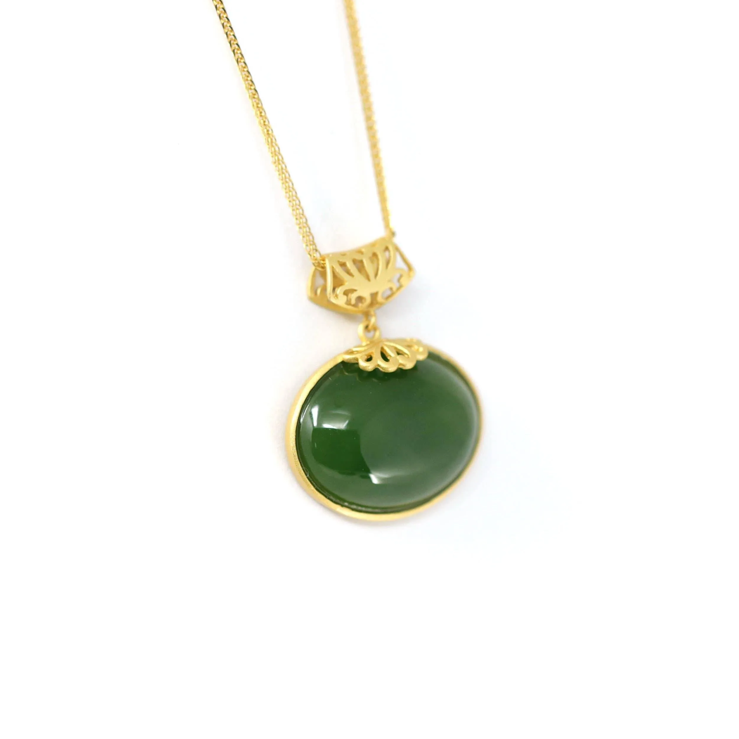 Baikalla™ "Lucky Oval Jade" Sterling Silver Nephrite Green Jade Classic Pendant Necklace