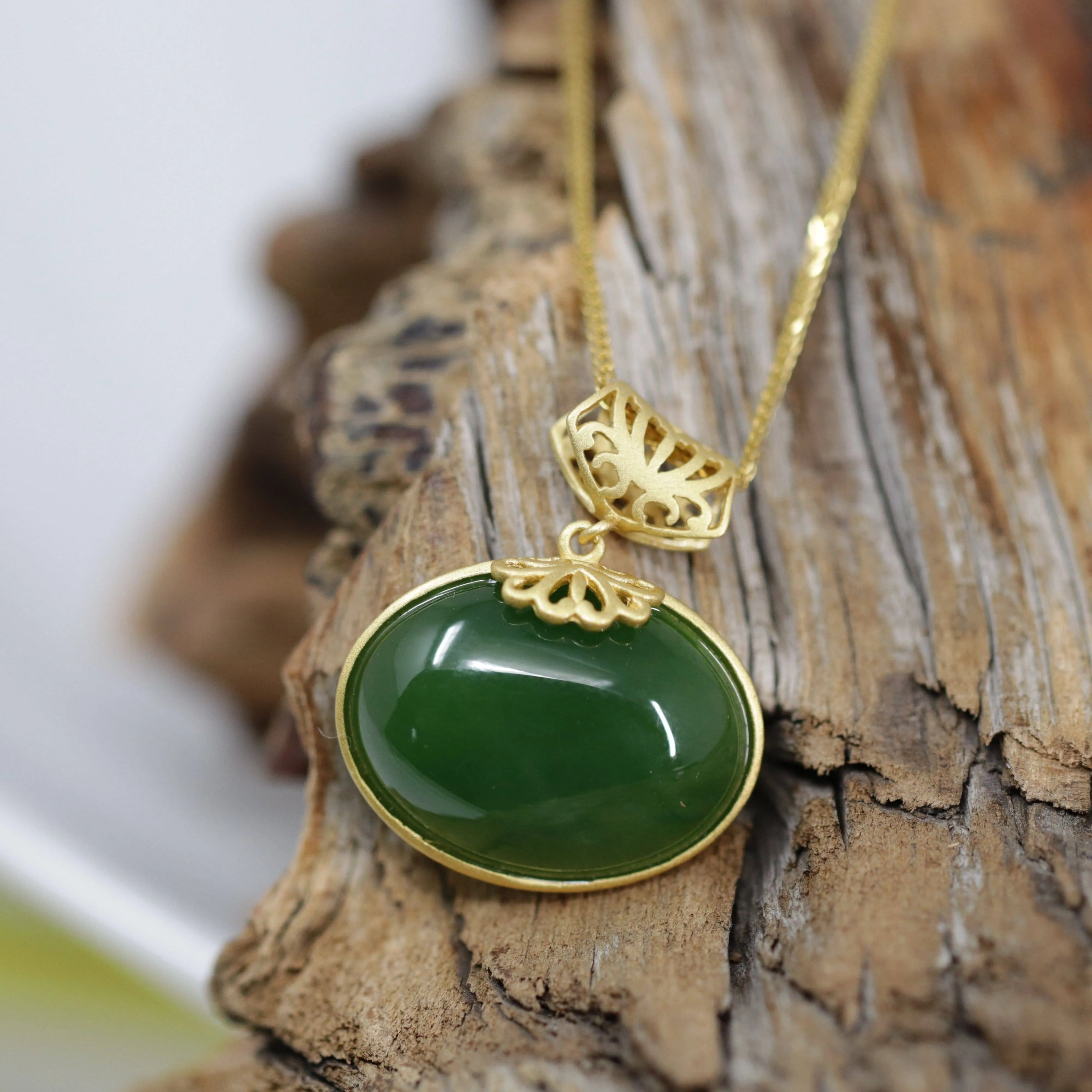 Baikalla™ "Lucky Oval Jade" Sterling Silver Nephrite Green Jade Classic Pendant Necklace