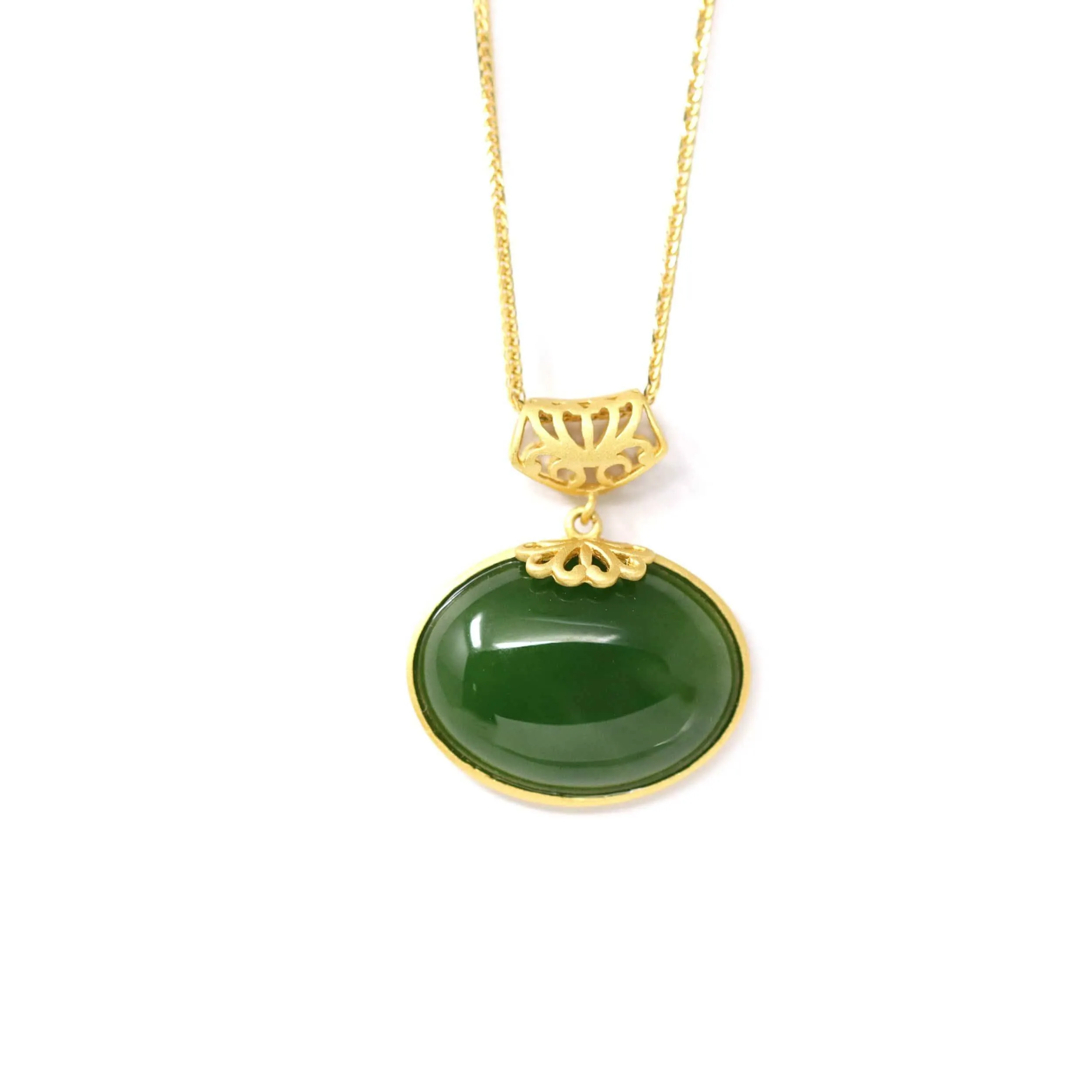 Baikalla™ "Lucky Oval Jade" Sterling Silver Nephrite Green Jade Classic Pendant Necklace