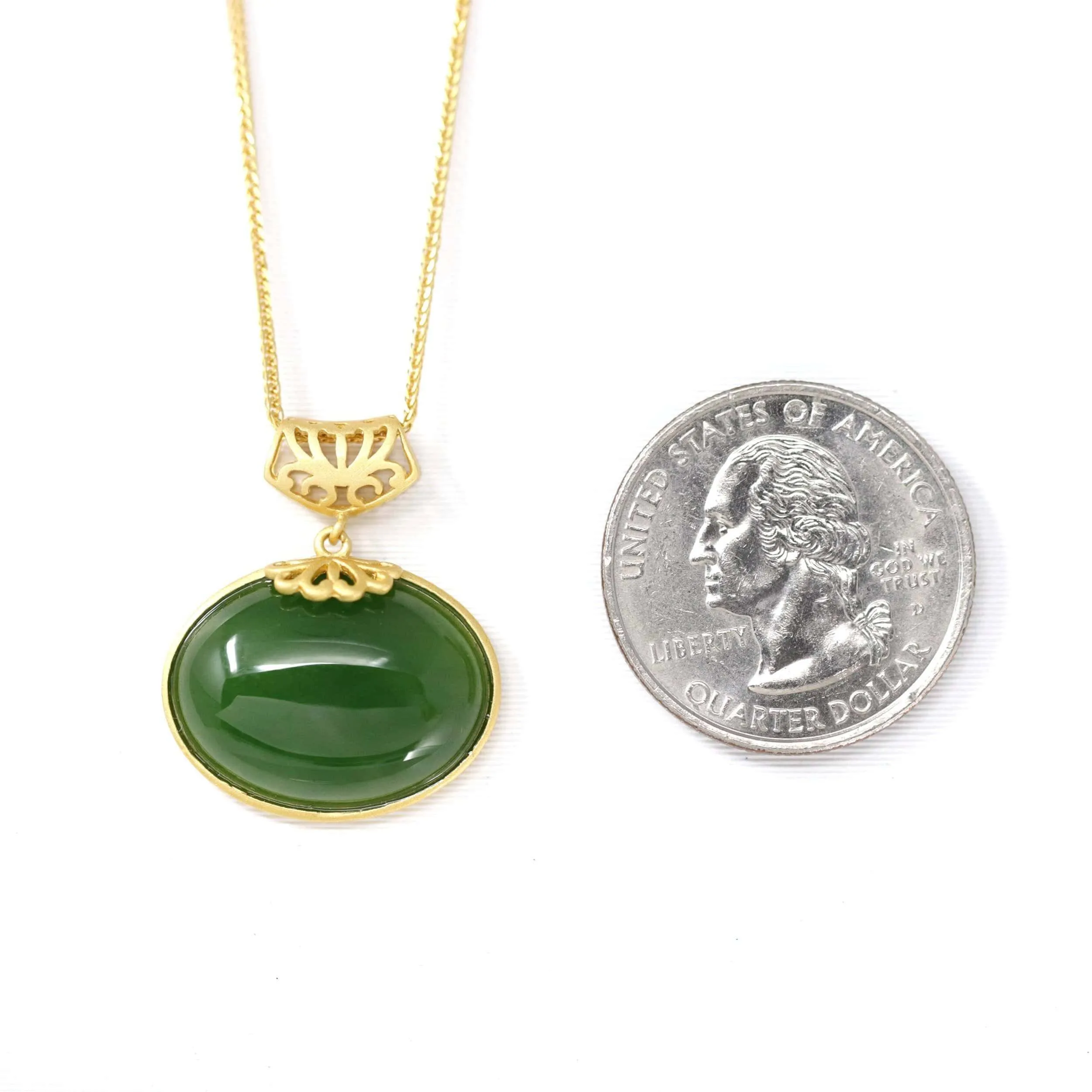 Baikalla™ "Lucky Oval Jade" Sterling Silver Nephrite Green Jade Classic Pendant Necklace