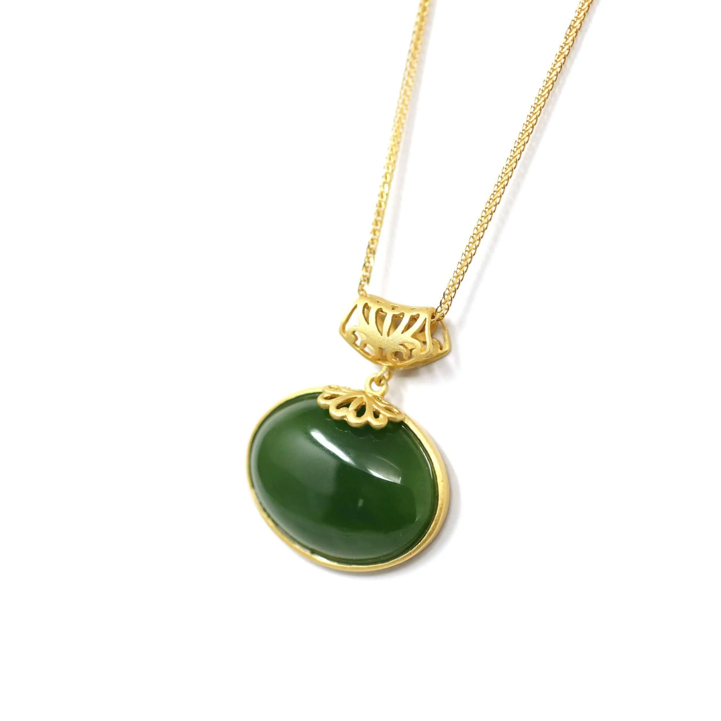 Baikalla™ "Lucky Oval Jade" Sterling Silver Nephrite Green Jade Classic Pendant Necklace