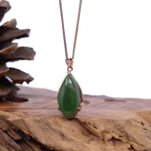 Baikalla™ Tear-Drop Nephrite Jade Necklace Pendant with 18k Rose Gold Plated