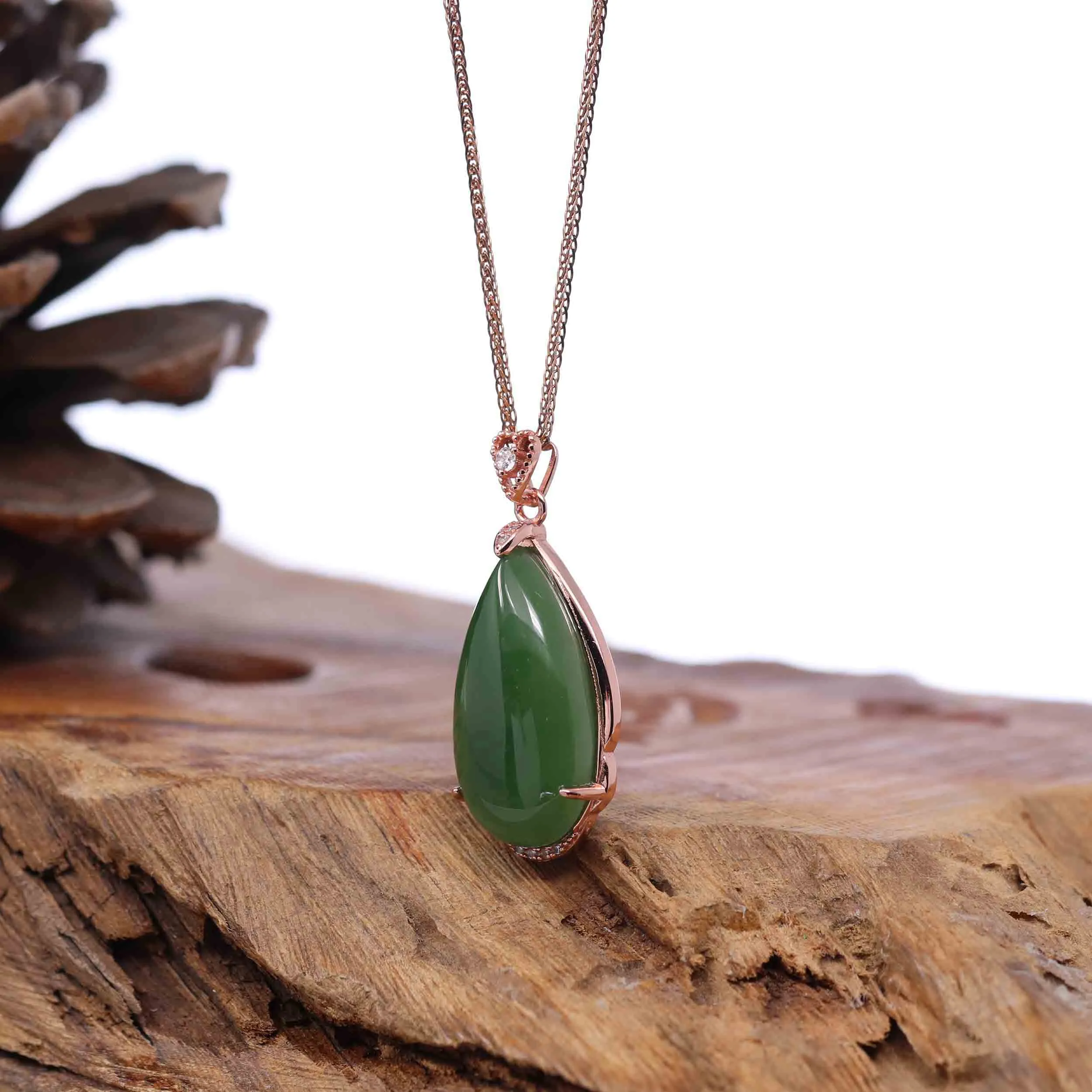 Baikalla™ Tear-Drop Nephrite Jade Necklace Pendant with 18k Rose Gold Plated