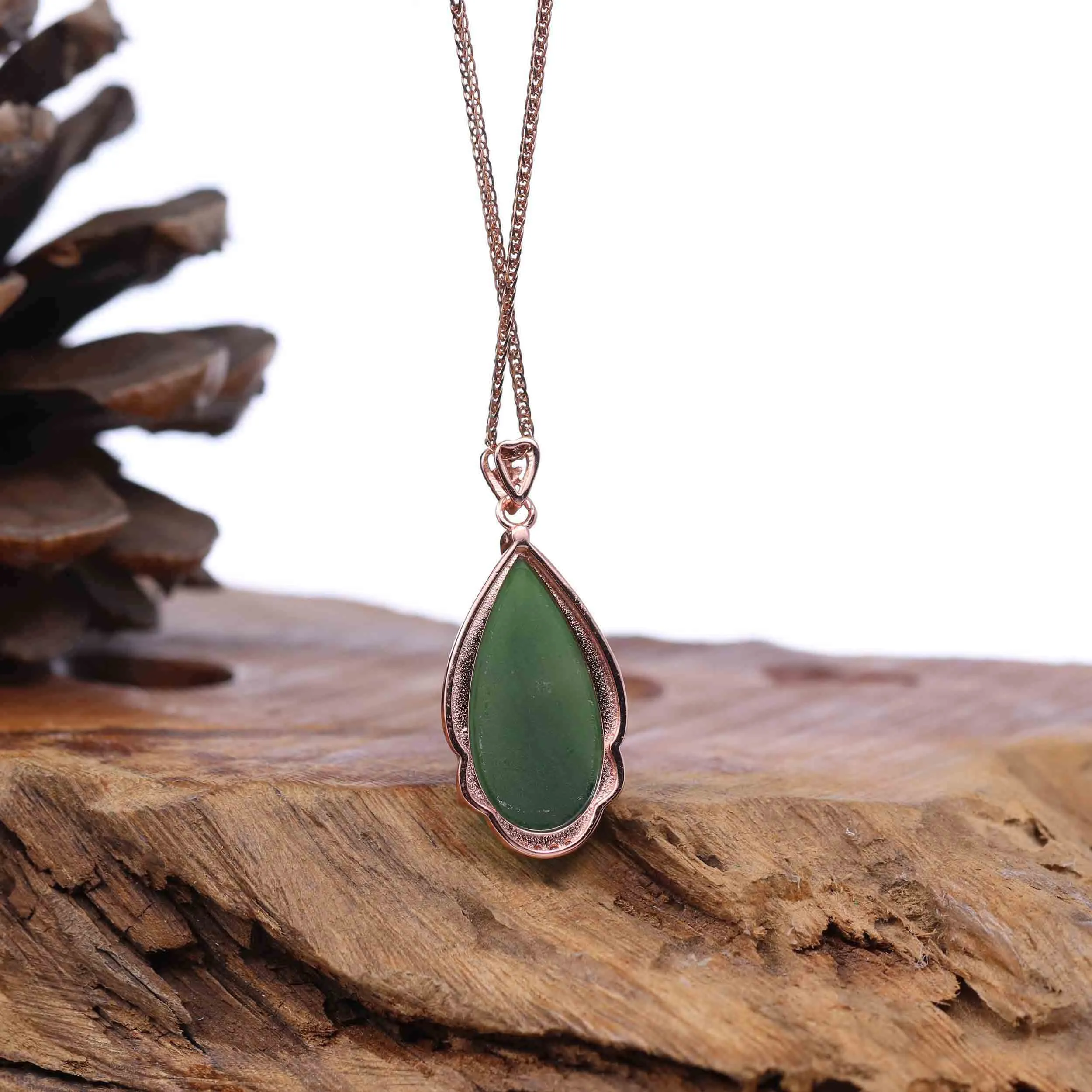 Baikalla™ Tear-Drop Nephrite Jade Necklace Pendant with 18k Rose Gold Plated