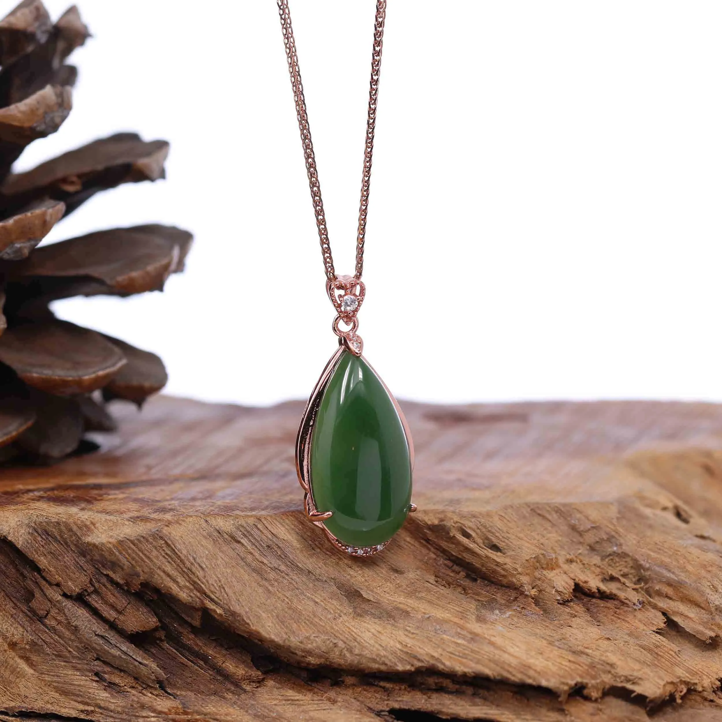 Baikalla™ Tear-Drop Nephrite Jade Necklace Pendant with 18k Rose Gold Plated