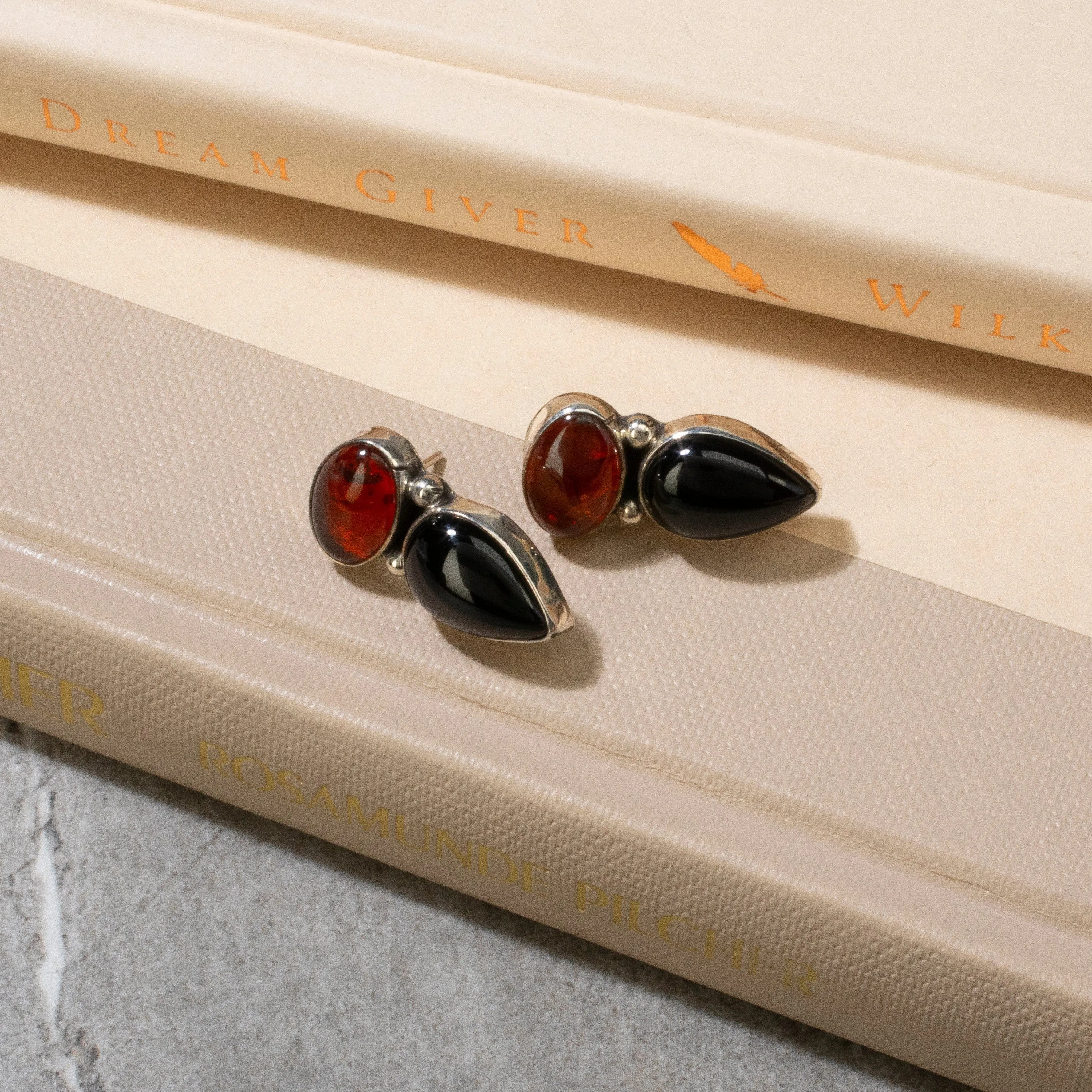 Baltic Amber & Black Onyx Navajo USA Native American Made 925 Sterling Silver Earrings with Stud Backing