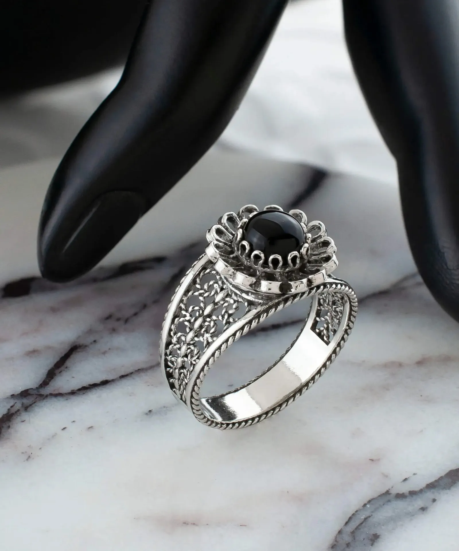 Bee Enchanted: Black Onyx Filigree Bee Silver Cocktail Ring, Perfect Gift Ring, Sophisticated Women's Ring