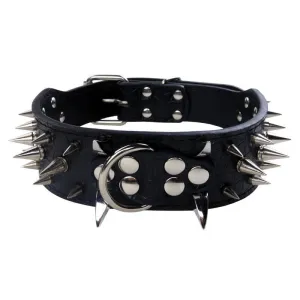 Black Leather Collar w/ Silver Spikes and D Ring Detail