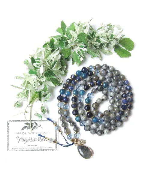 Blue Apatite, Sodalite, Rainbow Labradorite 108 Prayer Beads Mala Necklace