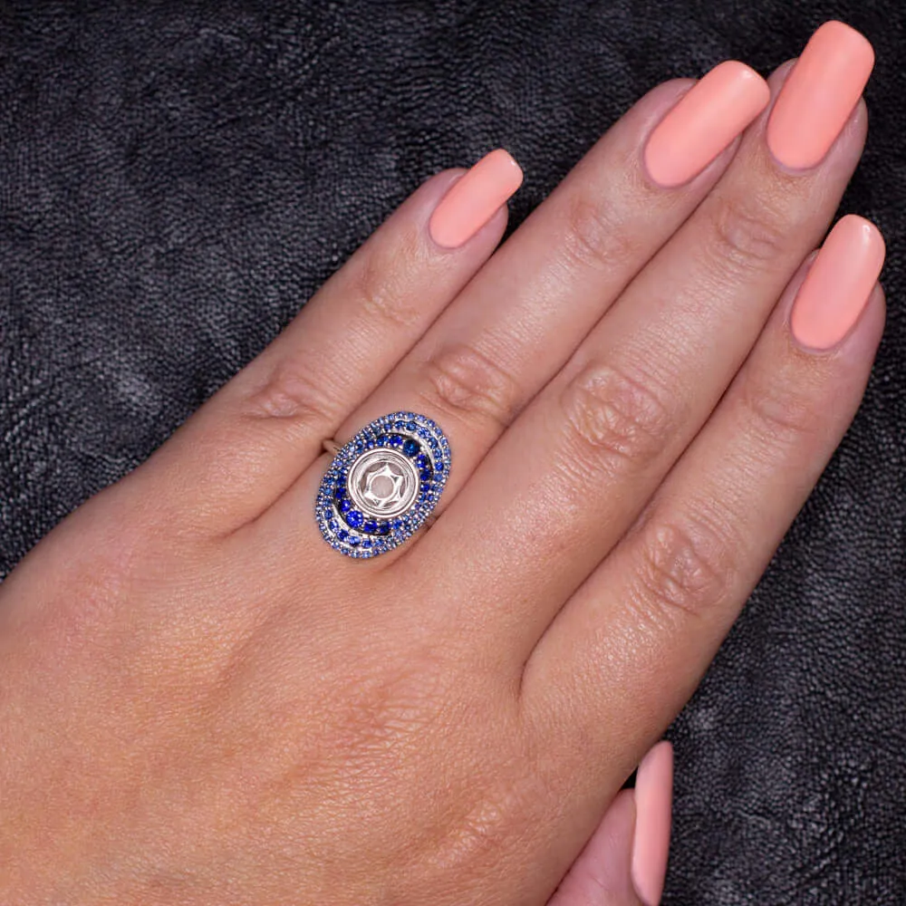 BLUE SAPPHIRE RING SETTING ROUND GRADIENT WHITE GOLD VINTAGE STYLE SEMI MOUNT