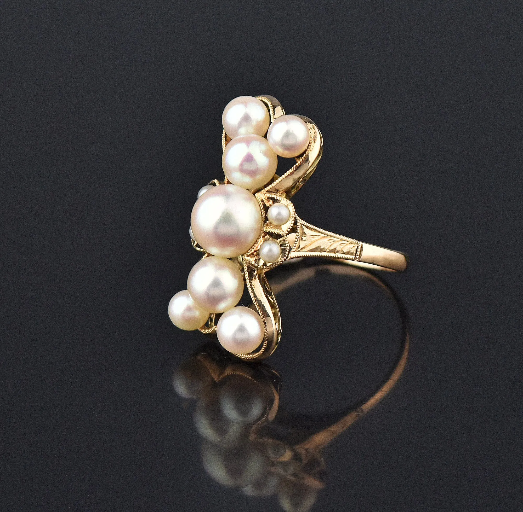 Bowtie Shape 14K Gold Akoya Pearl Cluster Ring