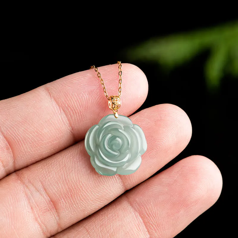 Buddha Stones 18K Gold 925 Sterling Silver Natural Jade Rose Luck Necklace Pendant