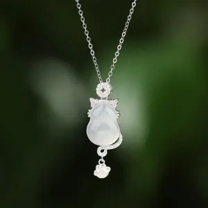 Buddha Stones 925 Sterling Silver 14k Gold White Jade Gourd Cat Protection Necklace Pendant