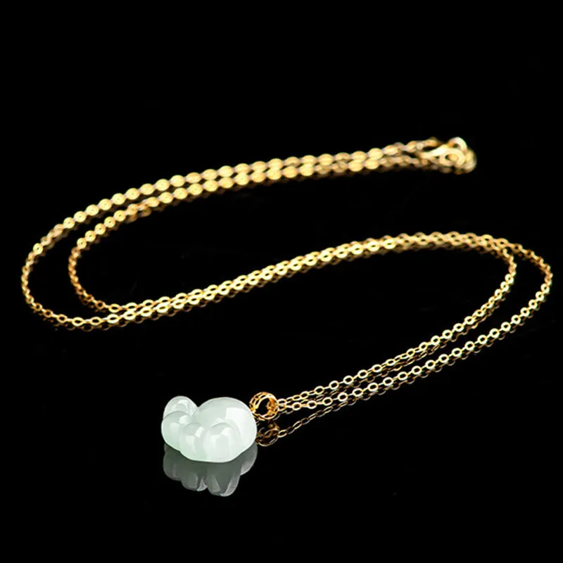 Buddha Stones 925 Sterling Silver 18K Gold Plated Natural Jade Cat Paw Pattern Luck Necklace Pendant