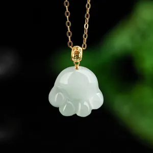 Buddha Stones 925 Sterling Silver 18K Gold Plated Natural Jade Cat Paw Pattern Luck Necklace Pendant