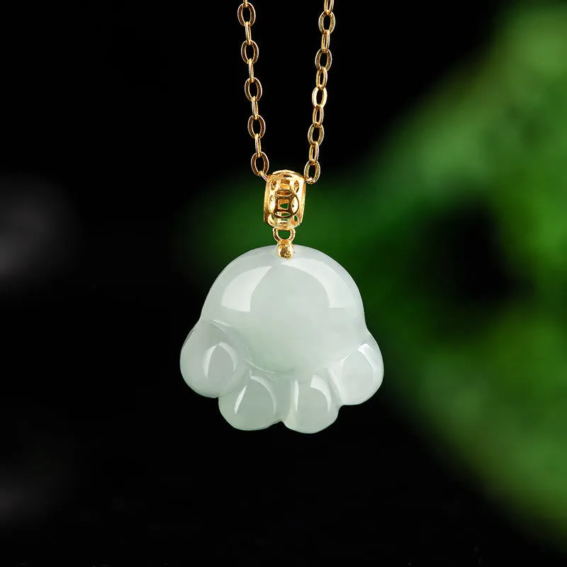 Buddha Stones 925 Sterling Silver 18K Gold Plated Natural Jade Cat Paw Pattern Luck Necklace Pendant