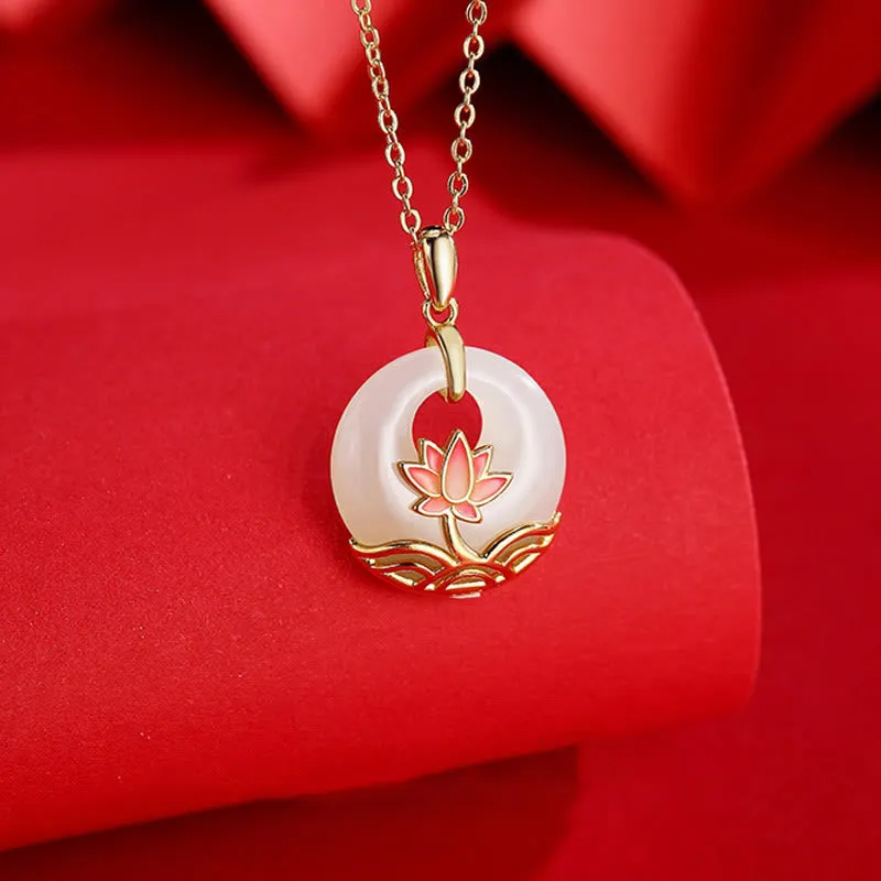 Buddha Stones 925 Sterling Silver Hetian White Jade Lotus Flower Blessing Necklace Pendant