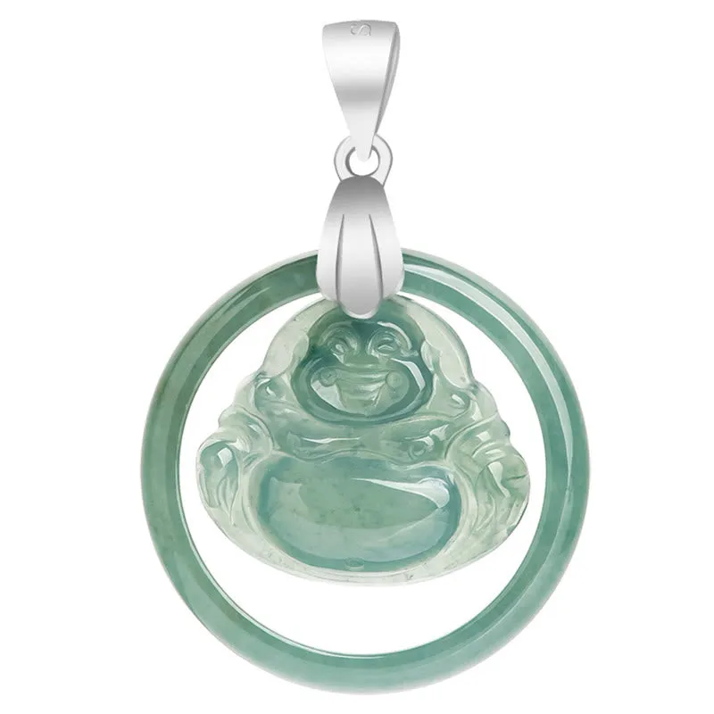 Buddha Stones 925 Sterling Silver Natural Jade Round Laughing Buddha Abundance Chain Necklace Pendant