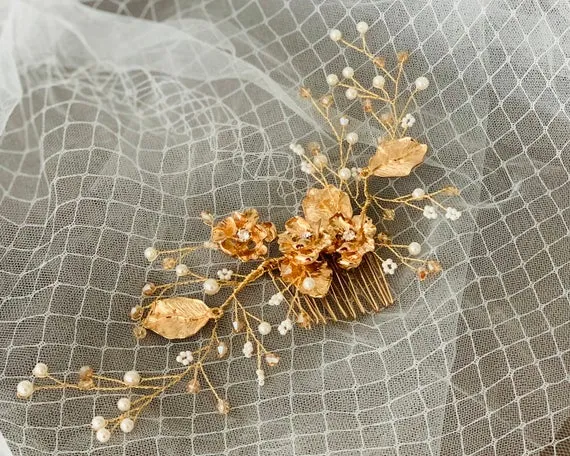 C139. gold floral bridal hair comb for wedding