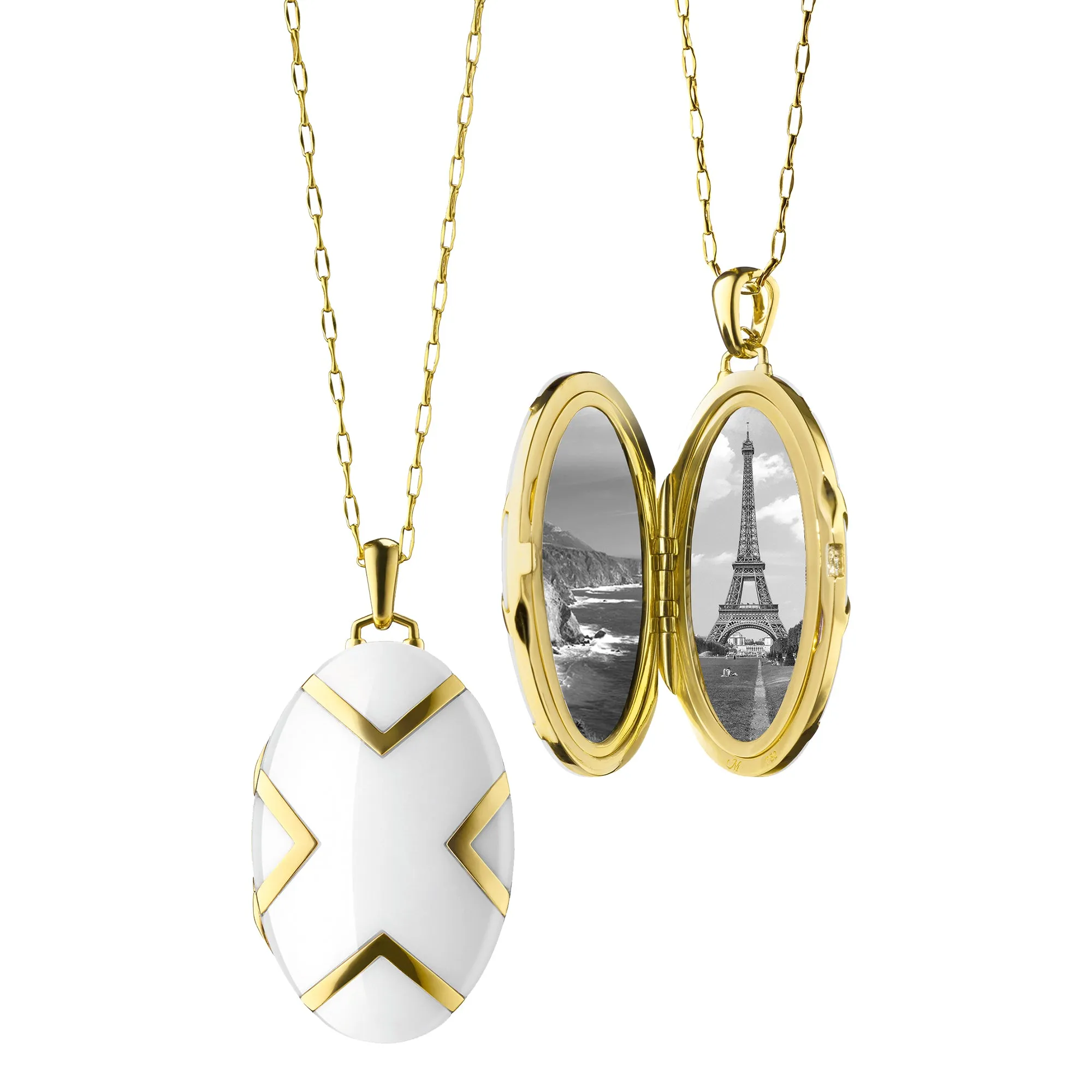 Chevron White Ceramic & Gold Locket Necklace