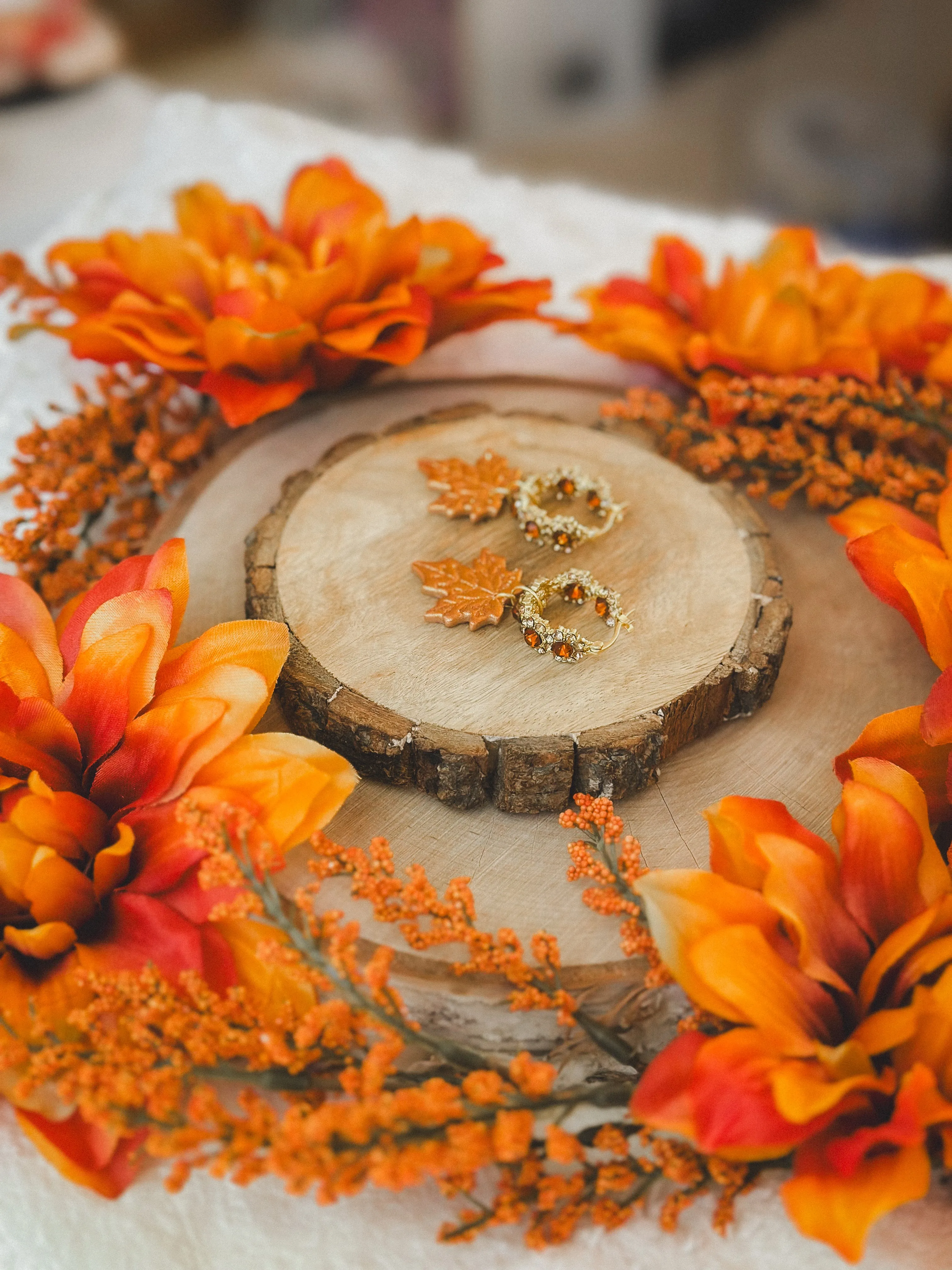 Copper Glitter Leaves on Amber Crystal Hoops