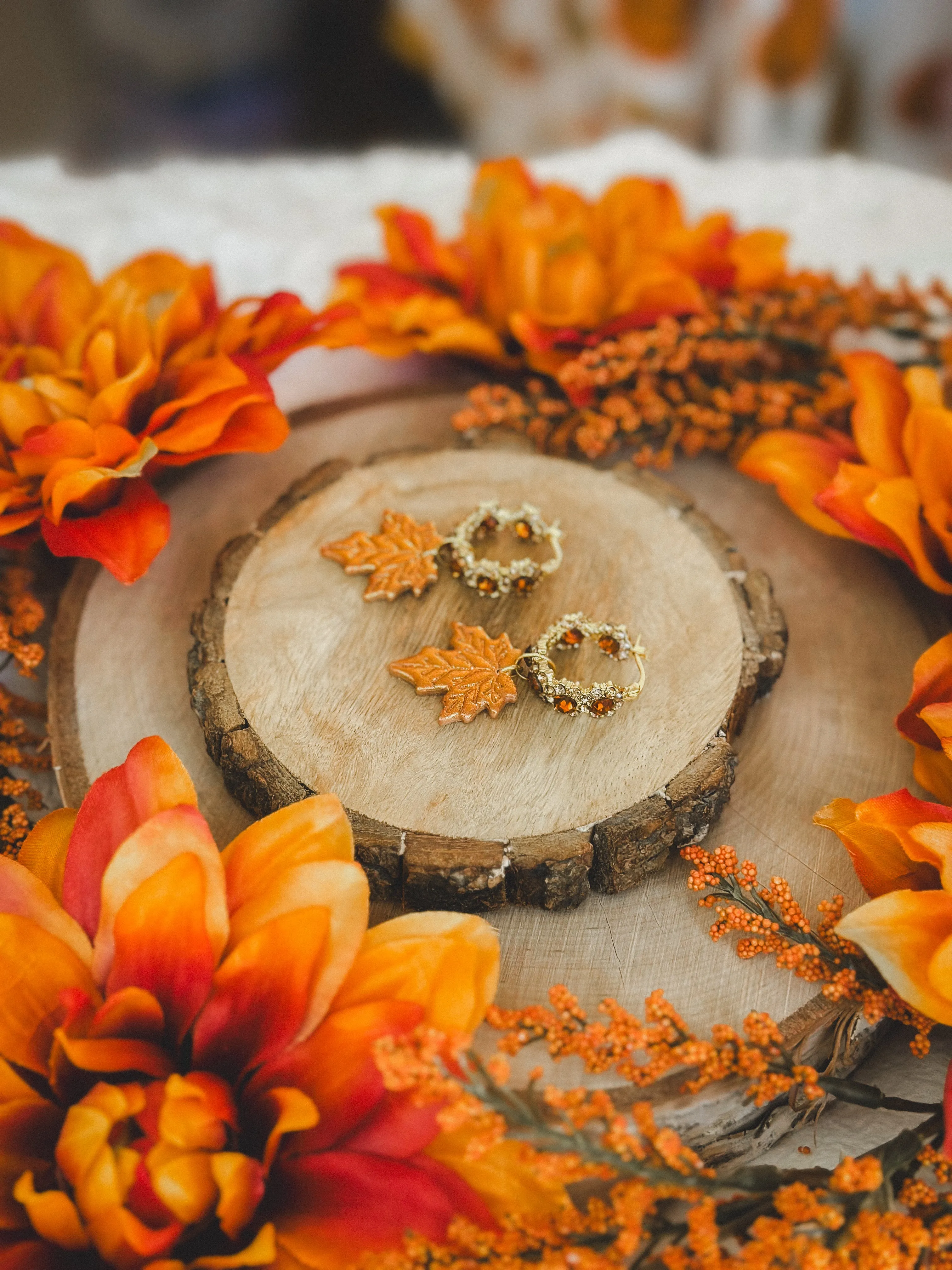 Copper Glitter Leaves on Amber Crystal Hoops