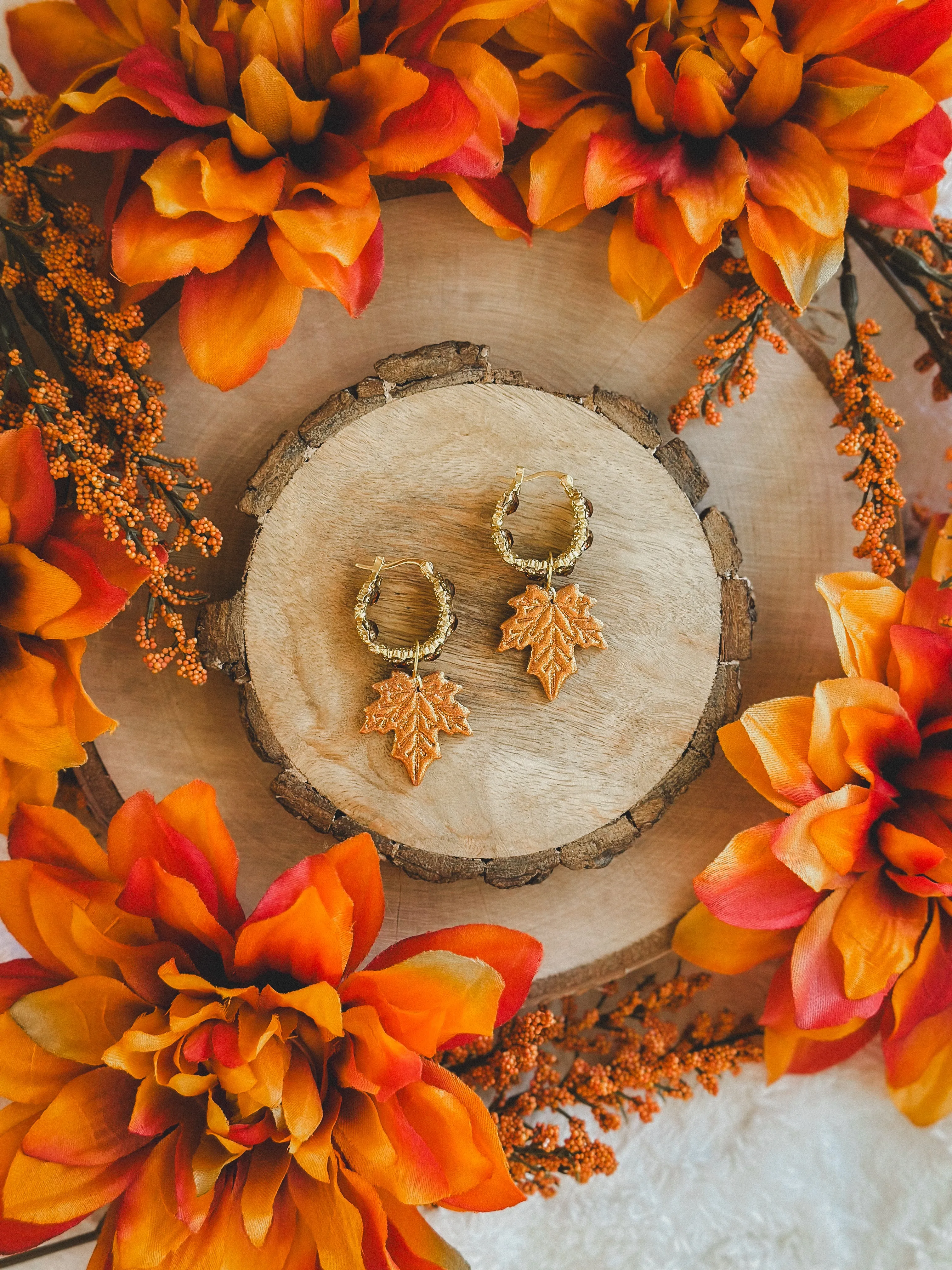 Copper Glitter Leaves on Amber Crystal Hoops