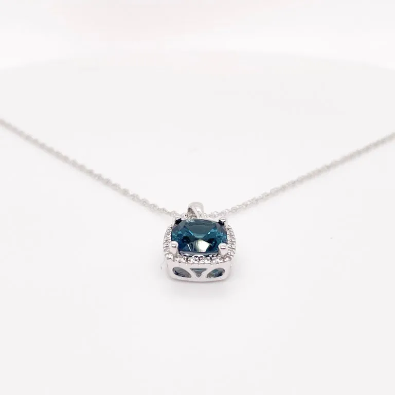 Cushion Blue Topaz Diamond Halo Necklace