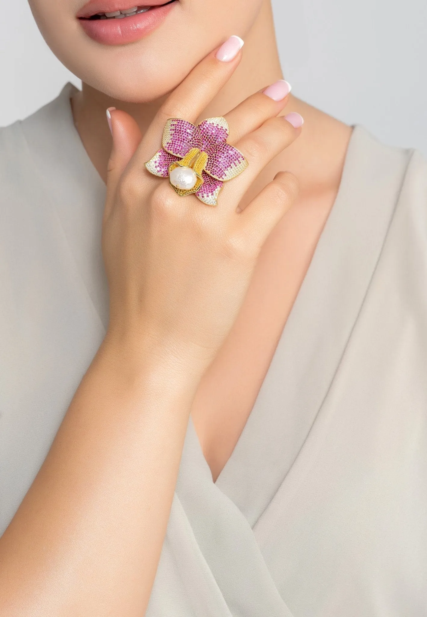 Daffodil With Pearl Cocktail Ring Gold Ruby CZ