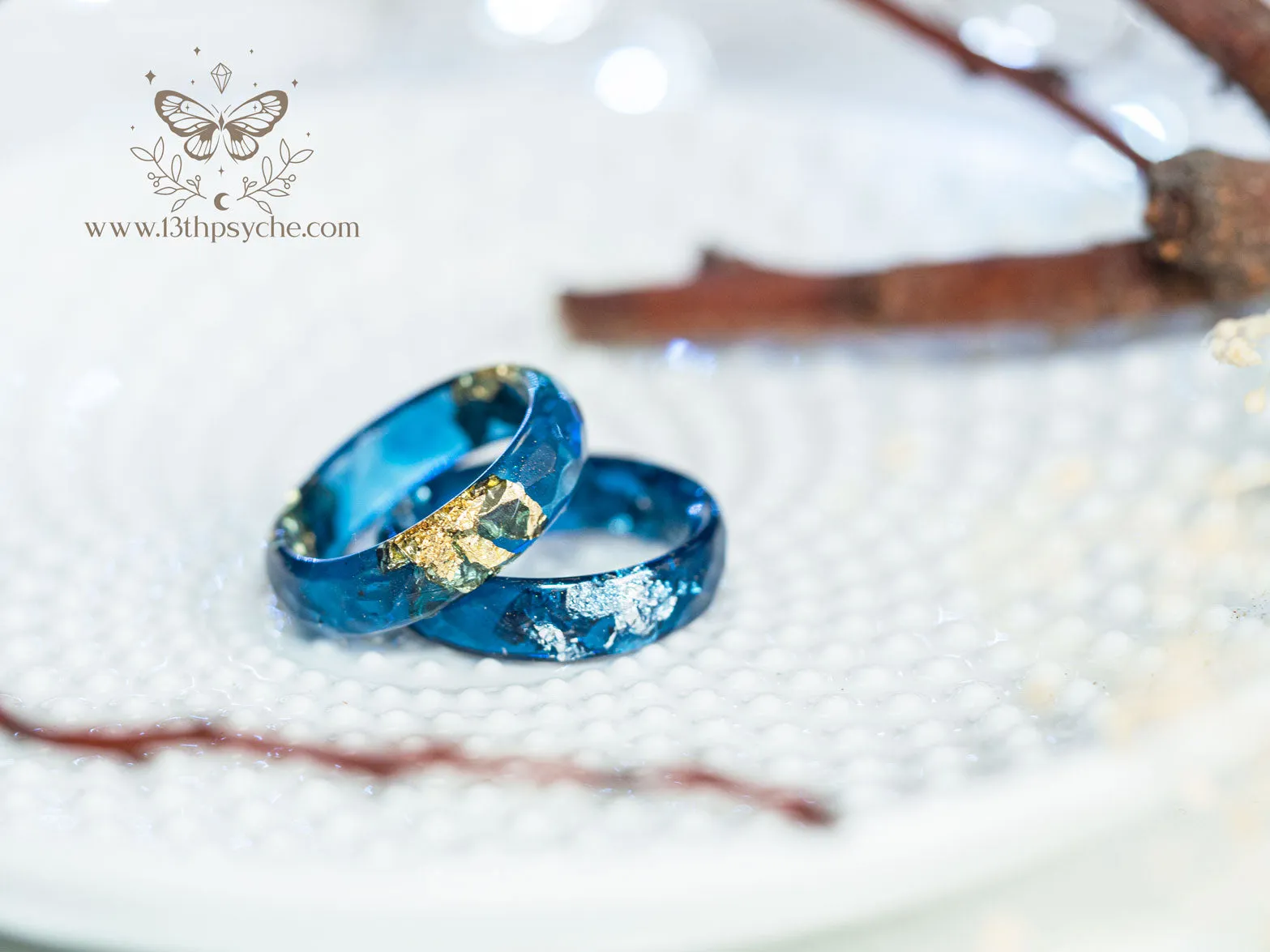 Dark Blue and gold or silver flakes faceted resin ring