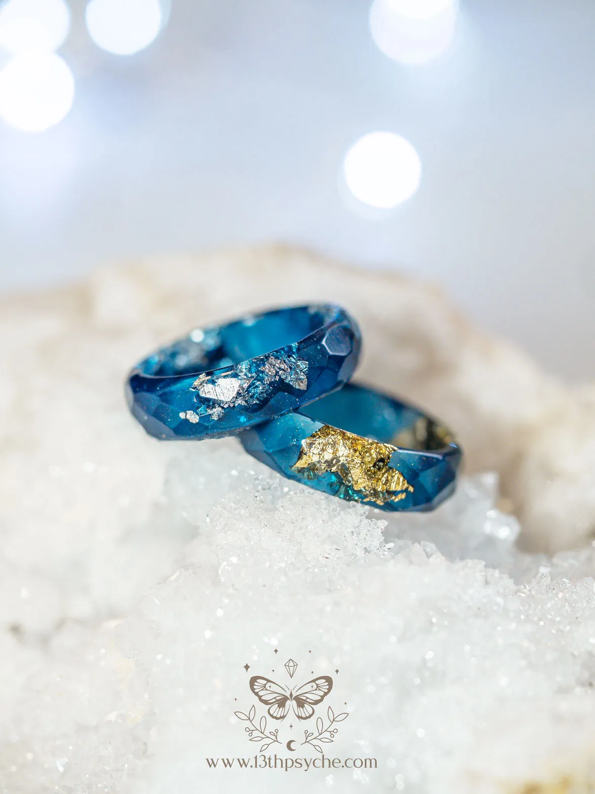 Dark Blue and gold or silver flakes faceted resin ring