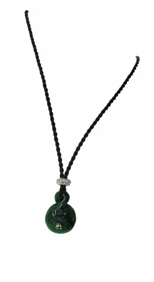 Dark Green Jade Carving, Crystal Pave Spacer, Black Silk Chain & Knots Necklace