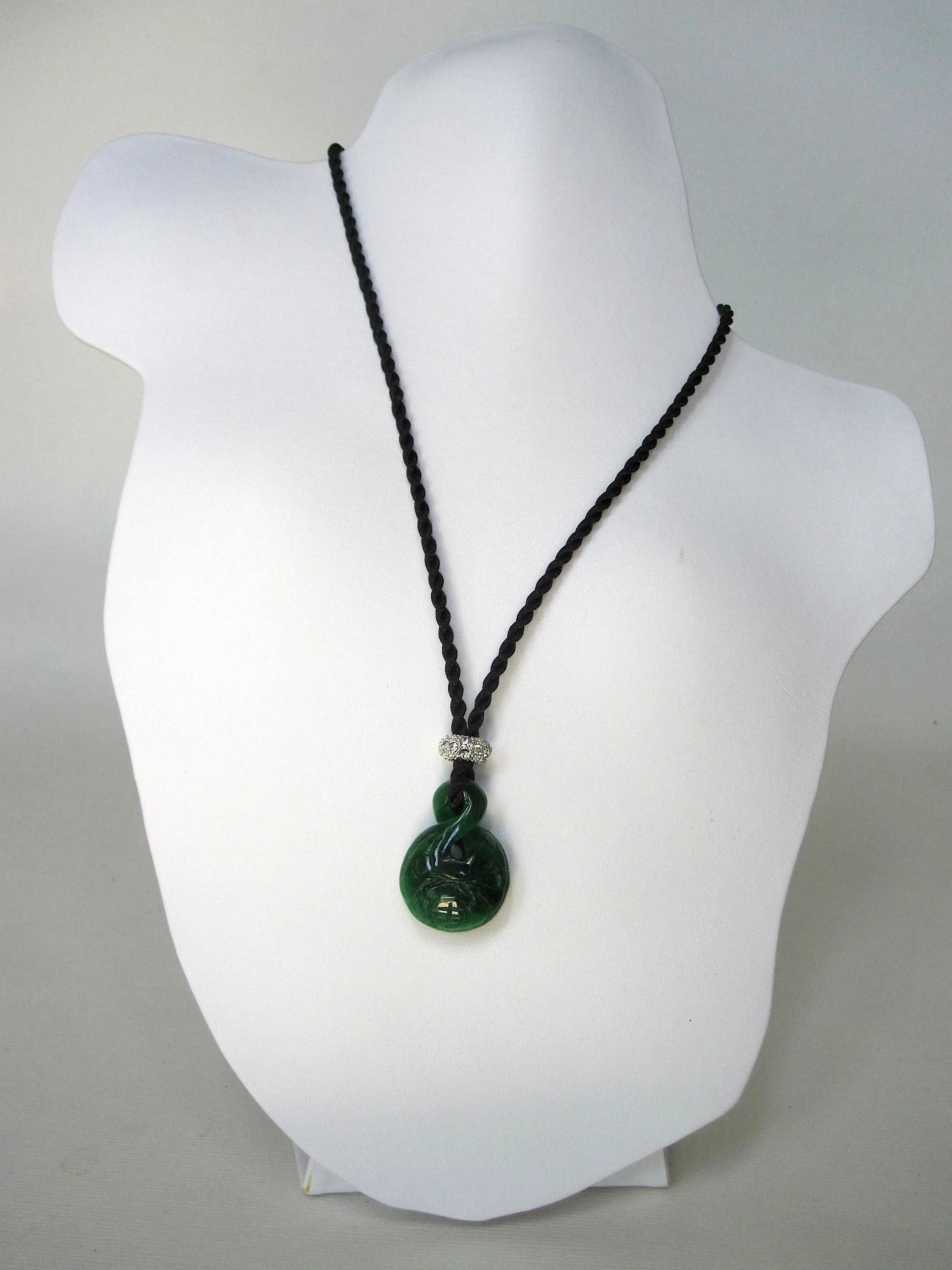 Dark Green Jade Carving, Crystal Pave Spacer, Black Silk Chain & Knots Necklace