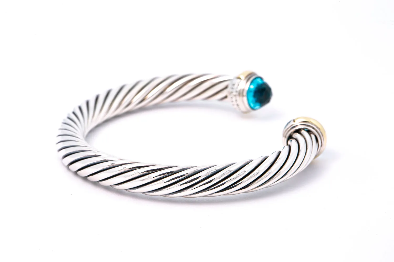 David Yurman 7mm Cable Bracelet Cuff Bangle Blue Topaz 14k 585 Gold Accents