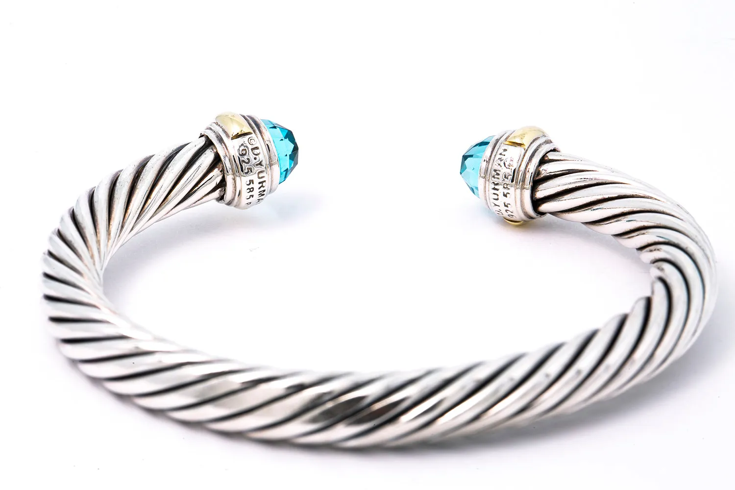 David Yurman 7mm Cable Bracelet Cuff Bangle Blue Topaz 14k 585 Gold Accents